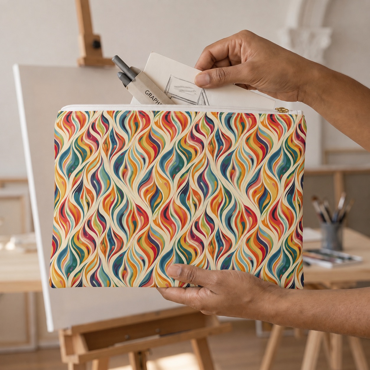 Modern Art Flames accessory pouch with its matching weekender bag