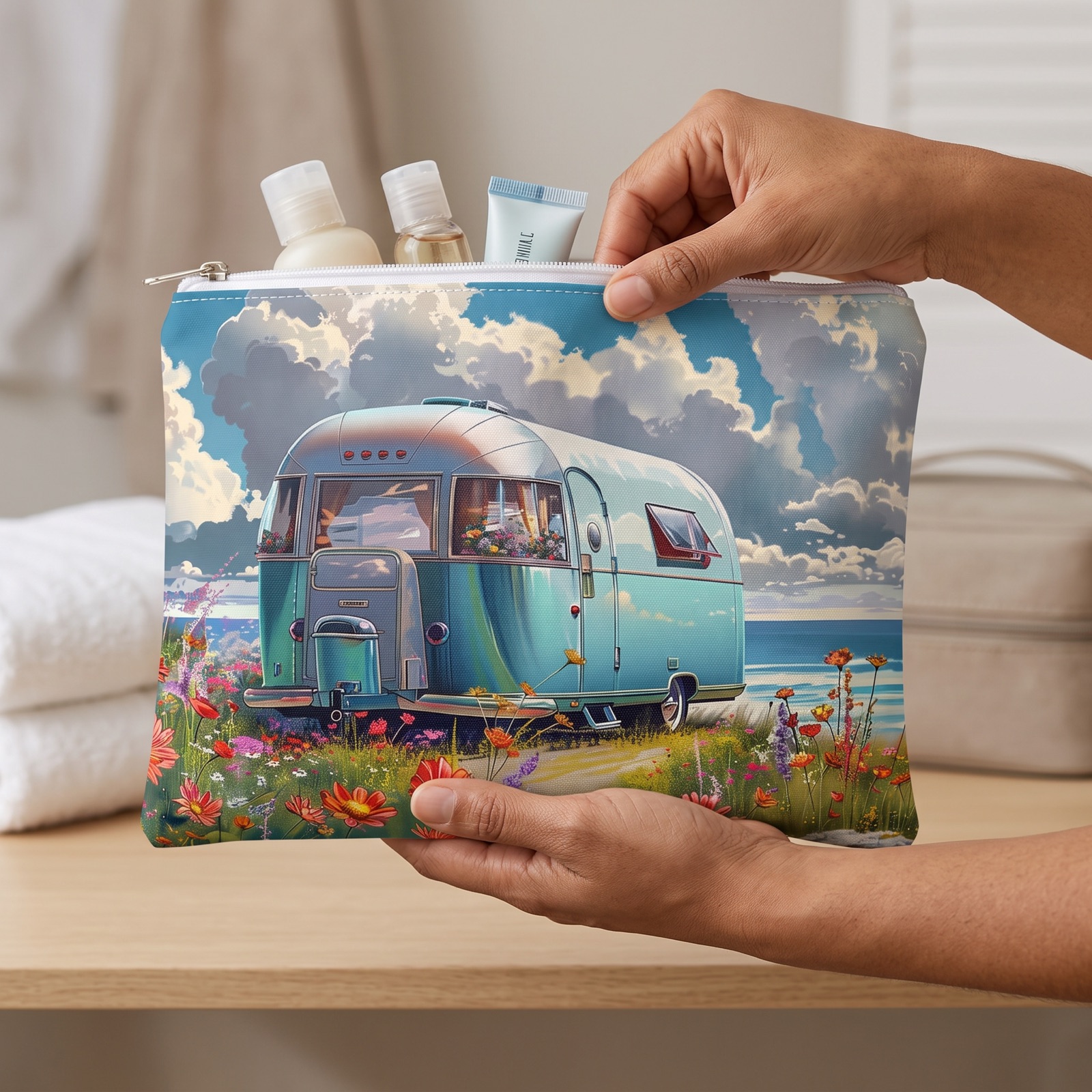 Retro Beach Bliss Accessory Pouch - Escape to Vintage Vibes and Coastal Charm! Available in 2 sizes.