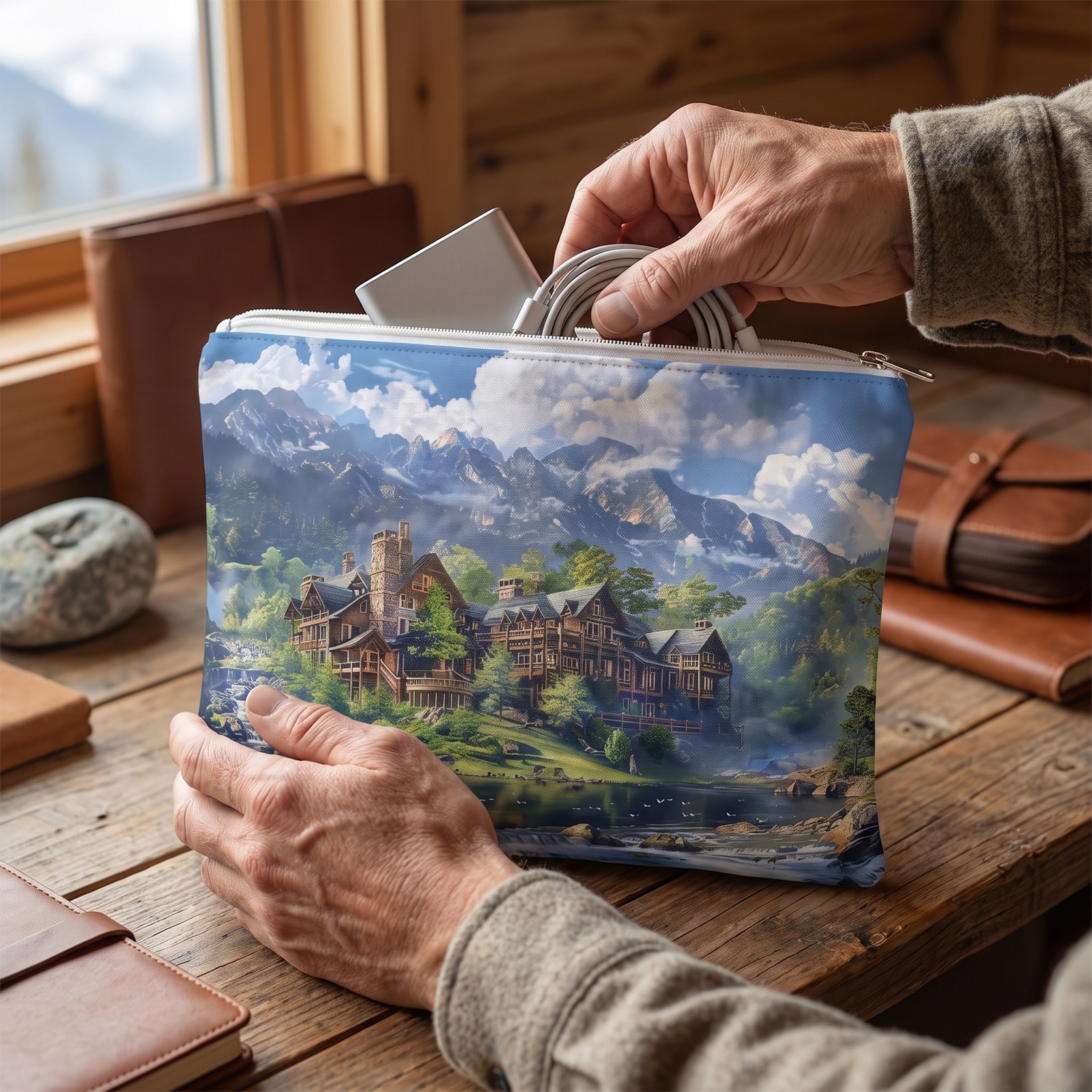 Grand Mountain Lodge Accessory Pouch - Carry the Grandeur of the Mountains Wherever You Go! Available in 2 sizes.