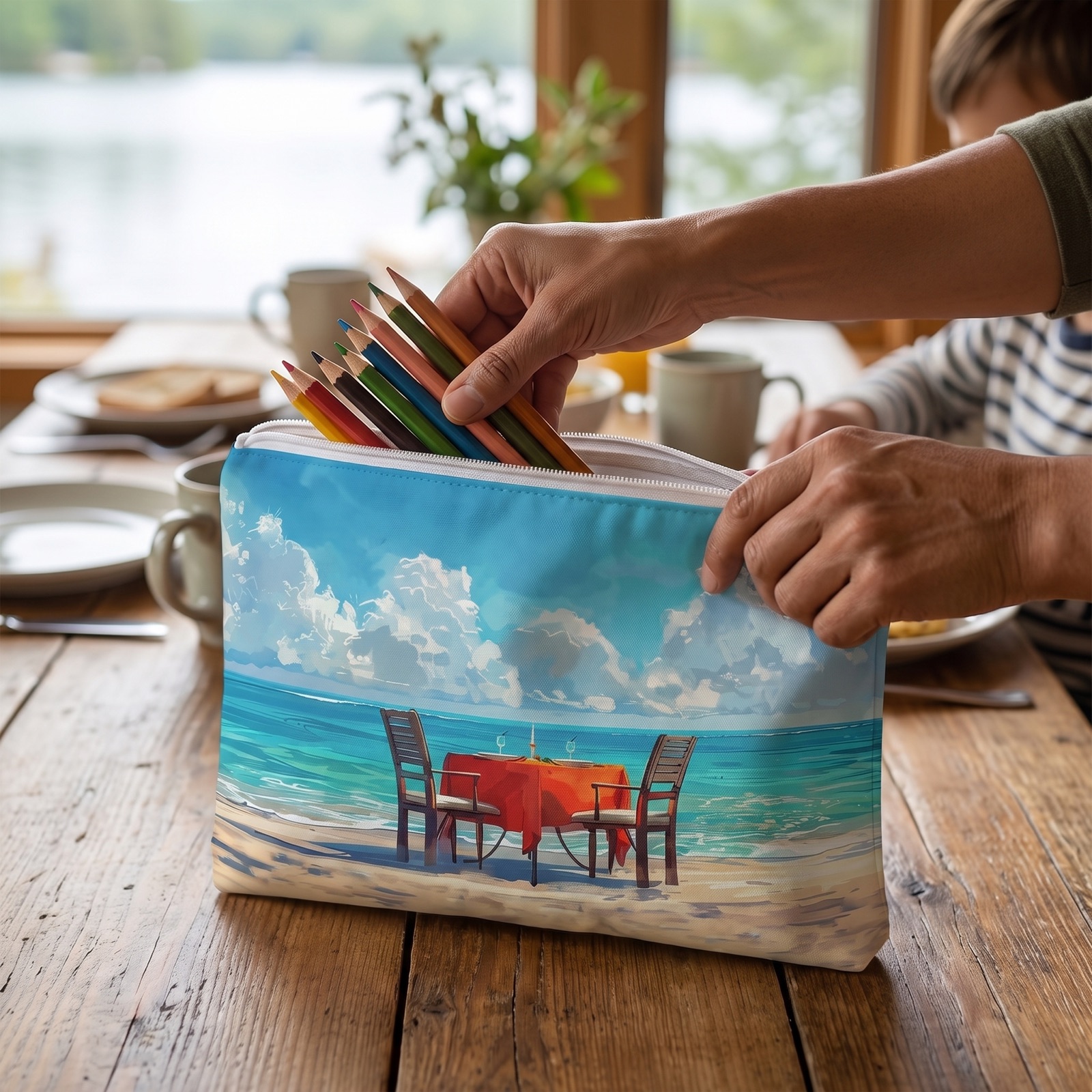 Beachside Dinner Delight Accessory Pouch - Savor a Beachside Dinner for Two Wherever You Go! (Oh Waiter!) Available in 2 sizes.