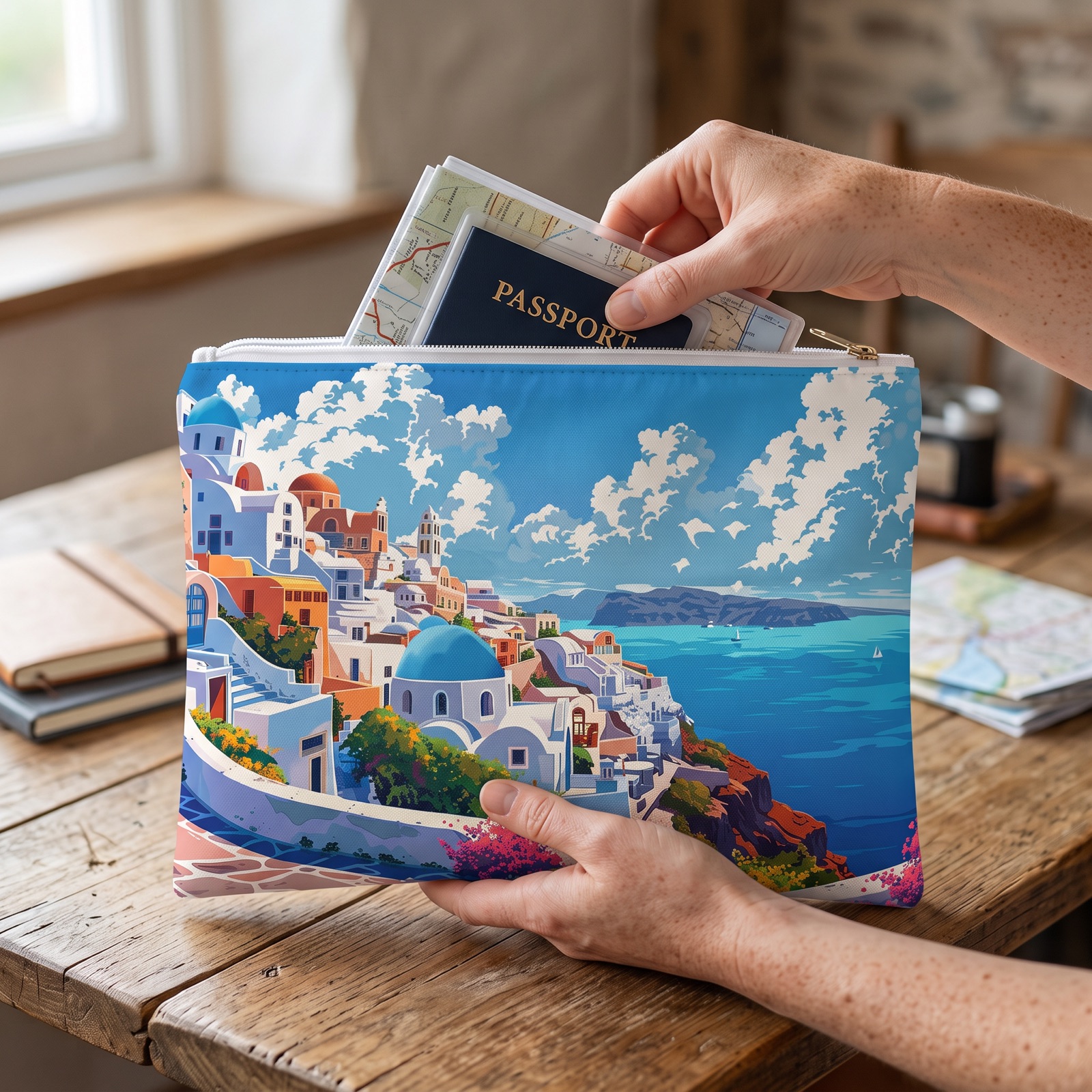 Santorini Serenity Accessory Pouch - Carry a Slice of Mediterranean Paradise Wherever You Go! Available in 2 sizes.