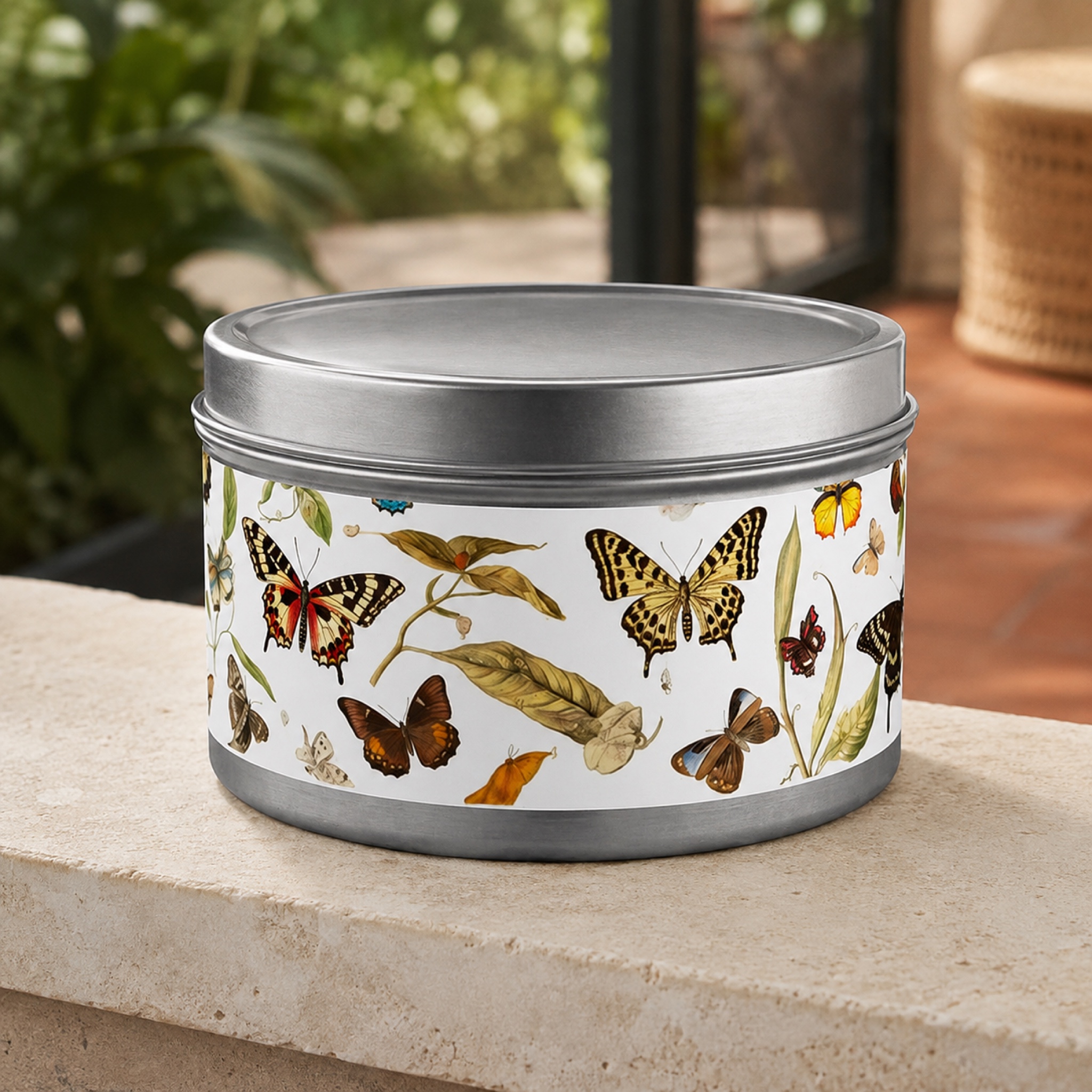 Botanical Butterflies Tin Candle. Flutter into Serenity with Botanical Butterflies. Available in 2 sizes, 3 finishes, and 5 scents.