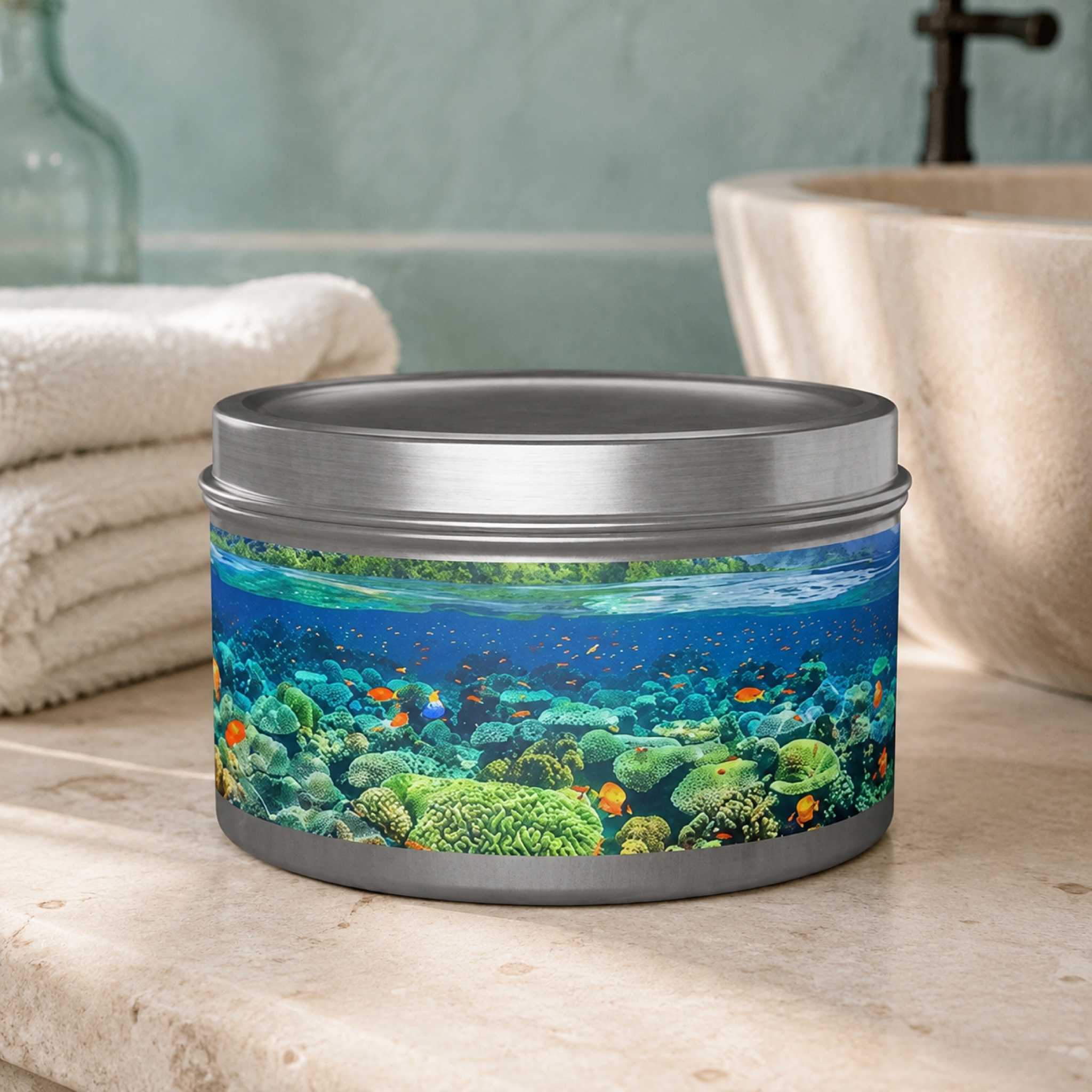 Coral Reef Dreamscape Tin Candle. Dive into a Sea of Serenity. Available in 2 sizes, 3 finishes, and 5 scents.