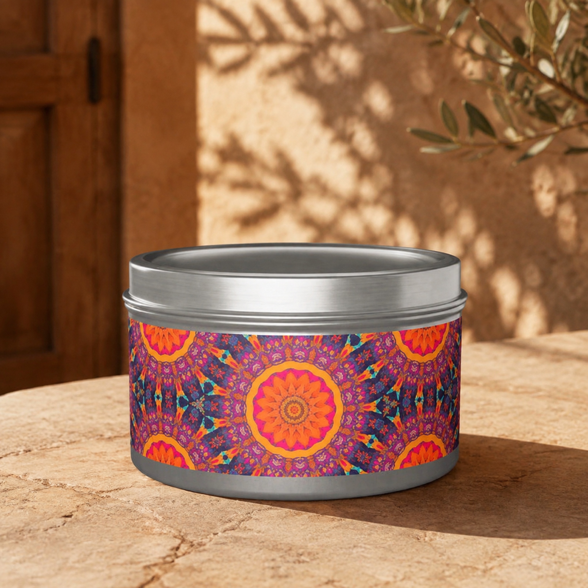 Fiery Mosaic Magic Tin Candle. Light Up Your Space with Colorful Charm! Available in 2 sizes, 3 finishes, and 5 scents.