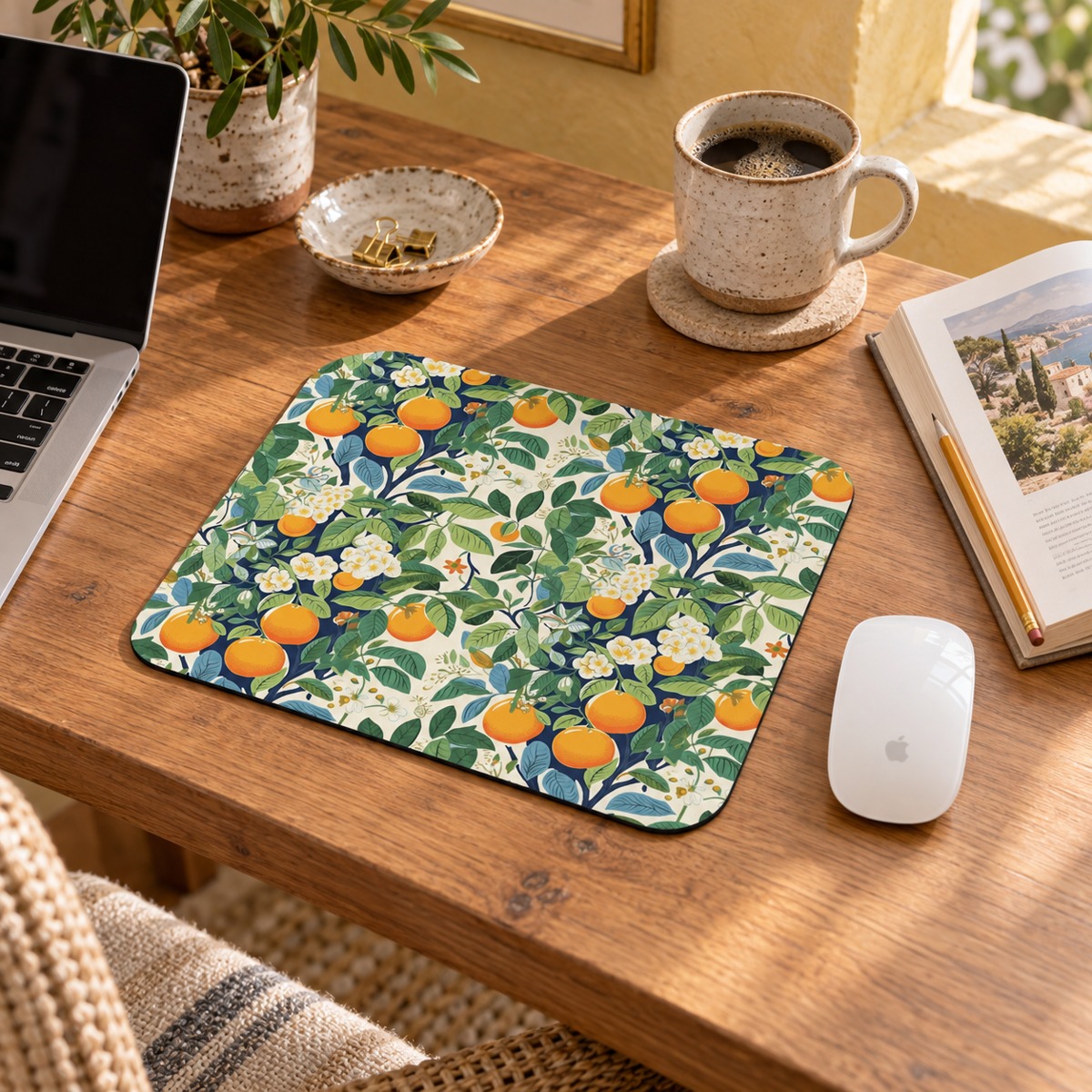 Happy Oranges & Blossoms Mouse Pad - Classic Elegance for Work and Play.