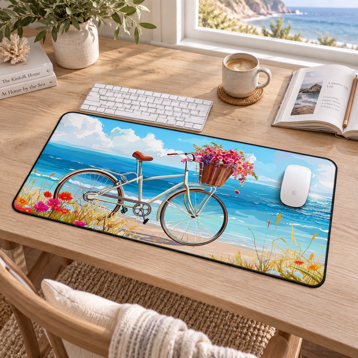 Daisy Beach Rider Desk Mat - Cycle the Beach During Your Work - Gorgeous Bike, Flowers & Beach! Available in 3 sizes.