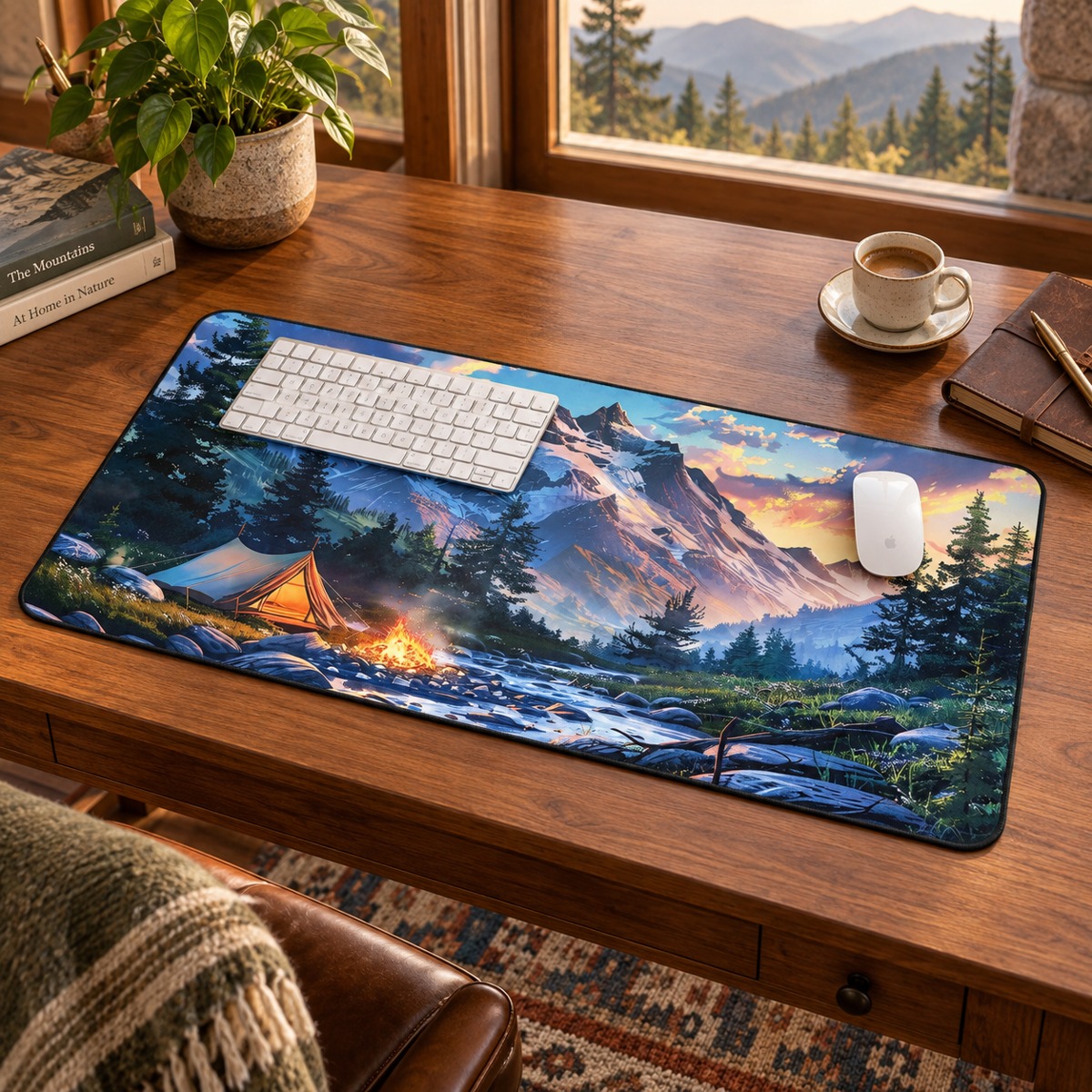 Mountain Creekside Campfire Desk Mat (Desk Pad) - Escape to the Mountains with Every Task! Available in 3 sizes.