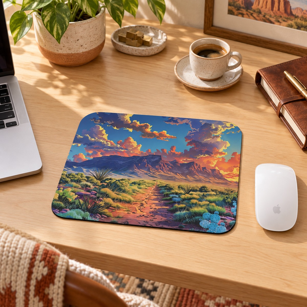 Desert Dusk Journey Mouse Pad - Navigate Your Day with Desert Serenity - Smooth, Scenic Clicks Await!