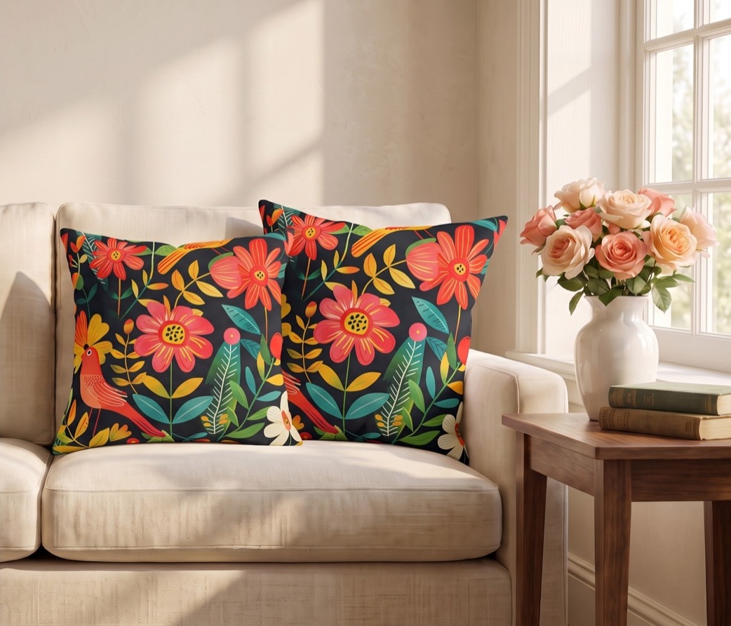 Blooming Bird Wonderland pillows styled on a cream sofa