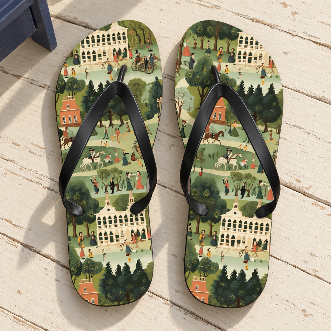 American 18th Century Town Tapestry Flip Flops. 5/8" Thick Comfortable Summer or Winter Gym/Sauna Footwear for Men and Women.