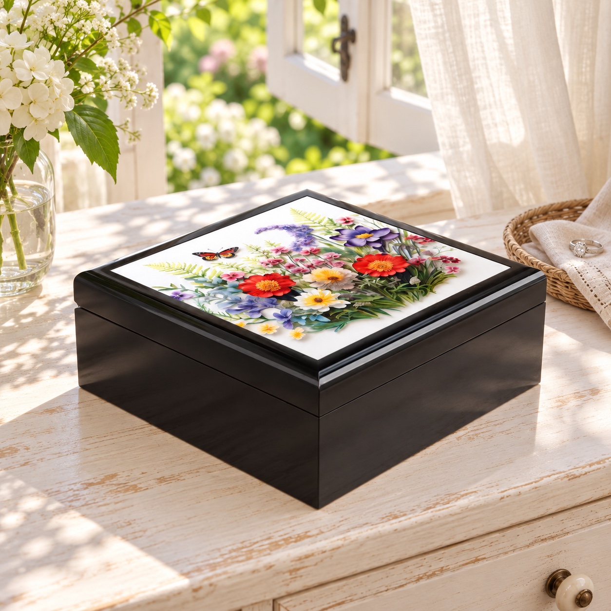Serene Sunlit Meadow Jewelry Box - Nature-inspired design. High Quality Rubberwood Jewelry Box with Glossy Finish. Perfect gift.
