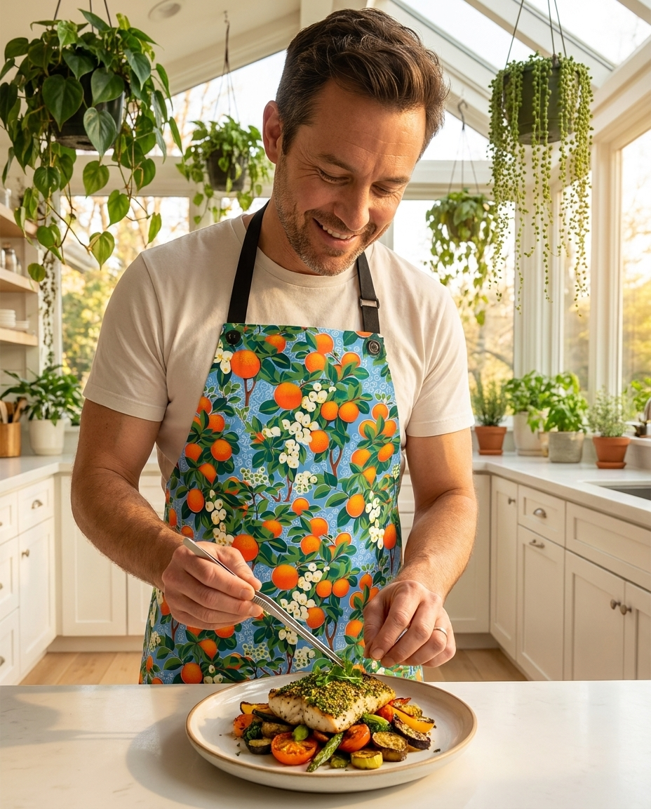 Citrus Blue Bliss Adult Apron - Vibrant Orange Blossom Design - Modern Chic Polyester Kitchen Apron with Detachable Straps.