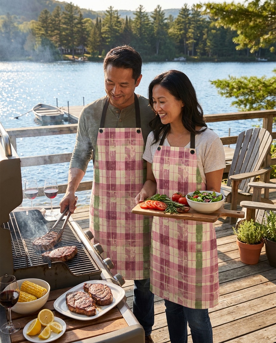 Spring Serenade Plaid Adult Apron - Wrap Yourself in Spring's Elegance with our Pink and Green Plaid!