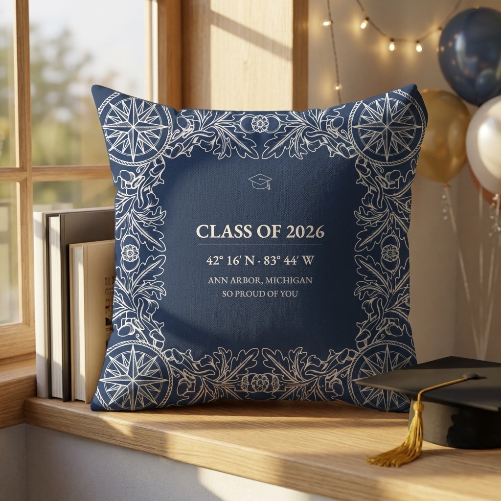 A personalized navy coordinate pillow reading Class of 2026, Ann Arbor Michigan, beside a graduation cap — from GPS Pillow Shop, Bliss Road's sister studio