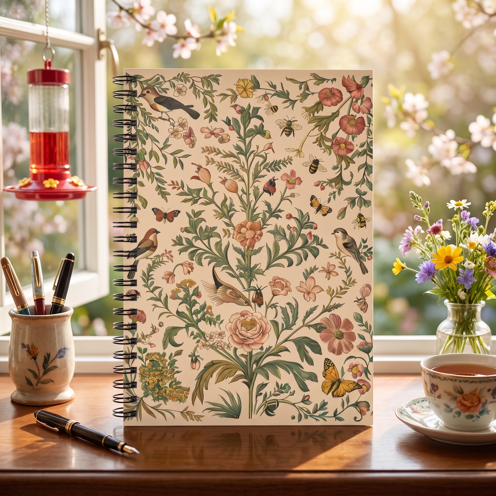 Floral Aviary Harmony Spiral Notebook - Ruled Line - Capture Nature's Harmony – Where Birds, Bees, and Butterflies Dance Among Blooms!