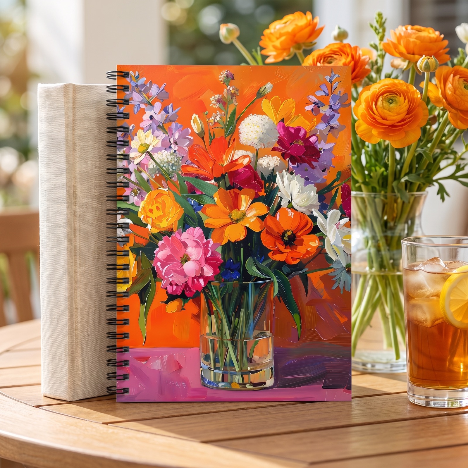 Blossoms on Orange Chic Spiral Notebook - Ruled Line - Where Beauty Meets Function! Bright, Painterly Blooms in Every Page!