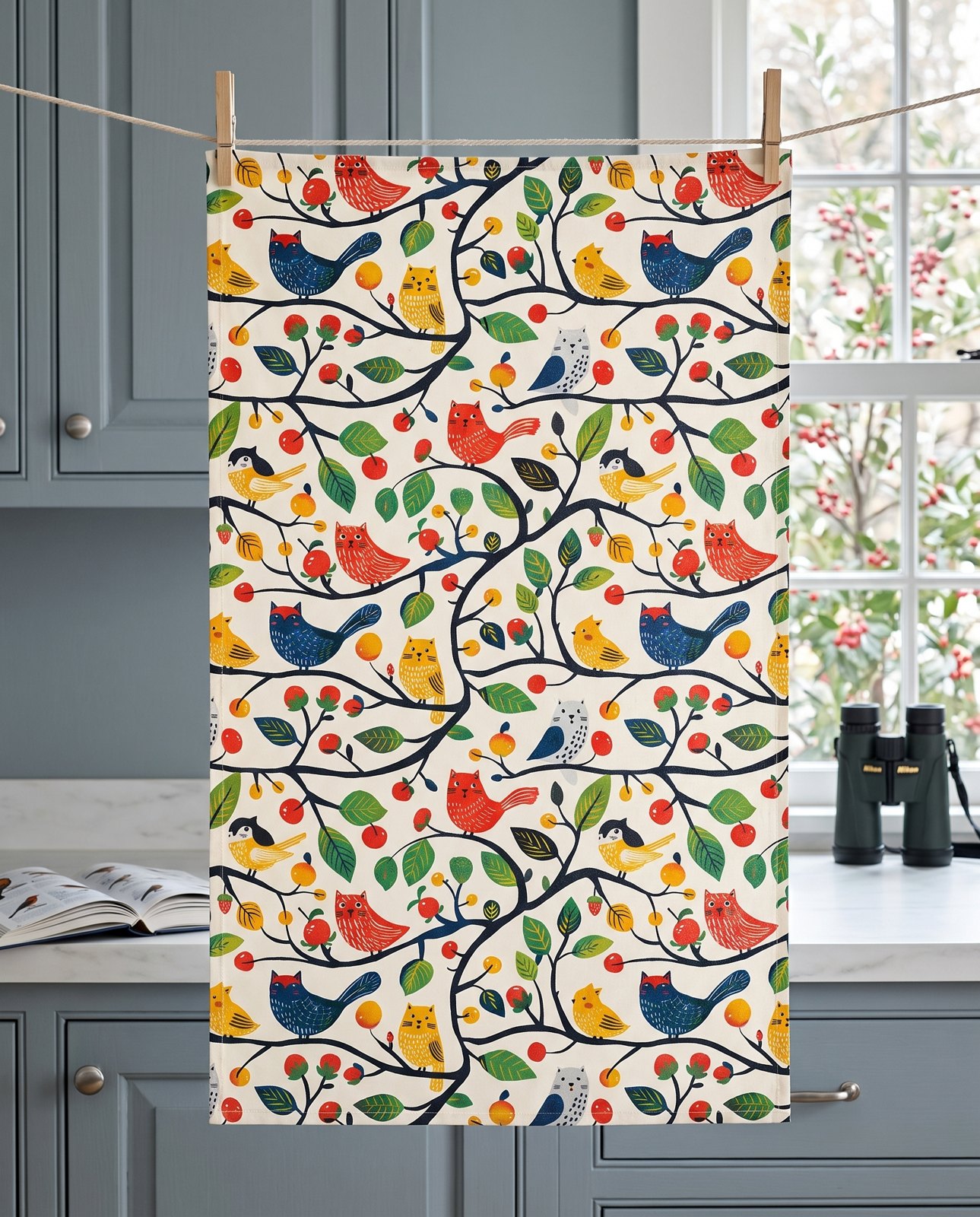 Catbird Tree Kitchen Towel - Cotton Twill - 18" x 30" - Whimsy on a Branch – Brighten Your Kitchen with Every Wipe!
