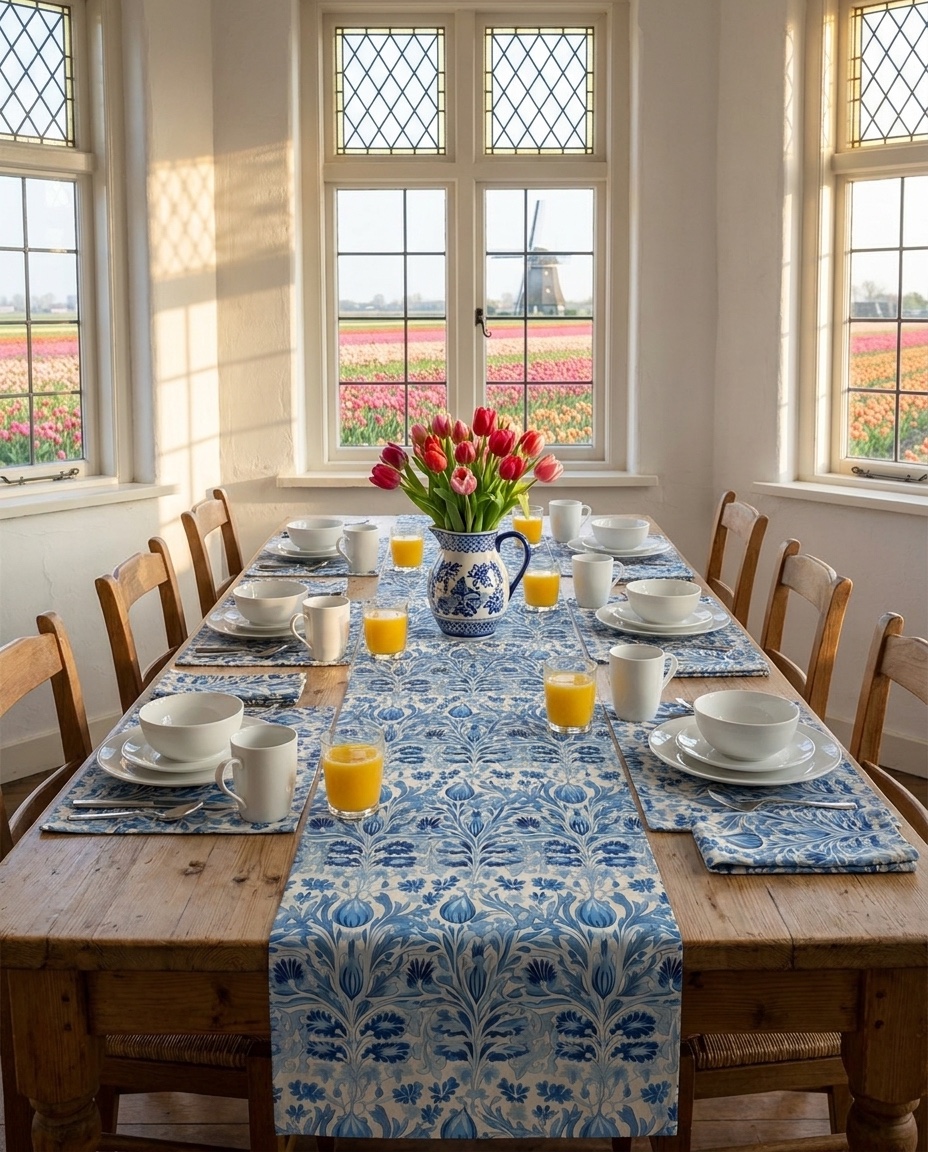Dutch Blue Tulip Table Runner - Embrace European Elegance with Dutch Blue Tulips! Available in 2 sizes.