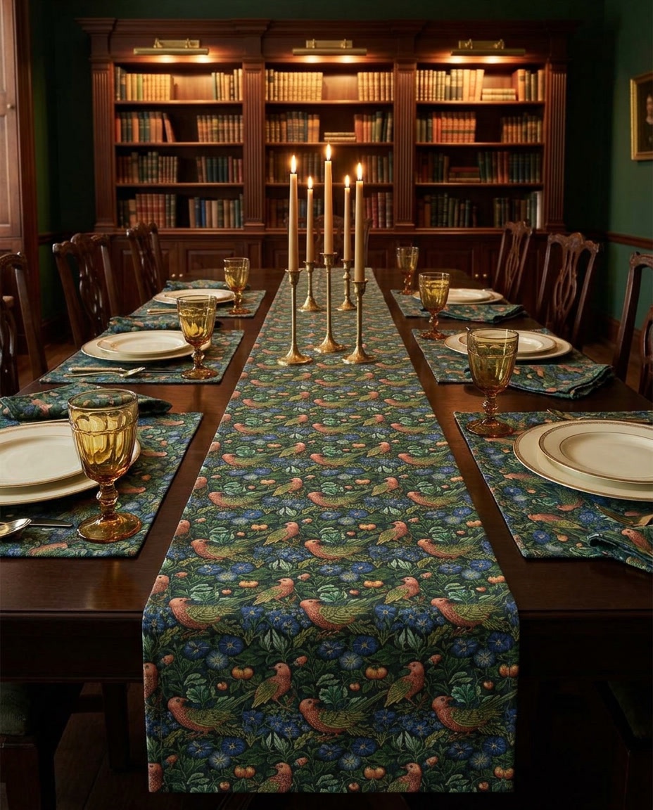 Golden Winged Bird Tapestry Table Runner - Cotton Twill - Available in 2 sizes: 16" x 72" and 16" x 90".