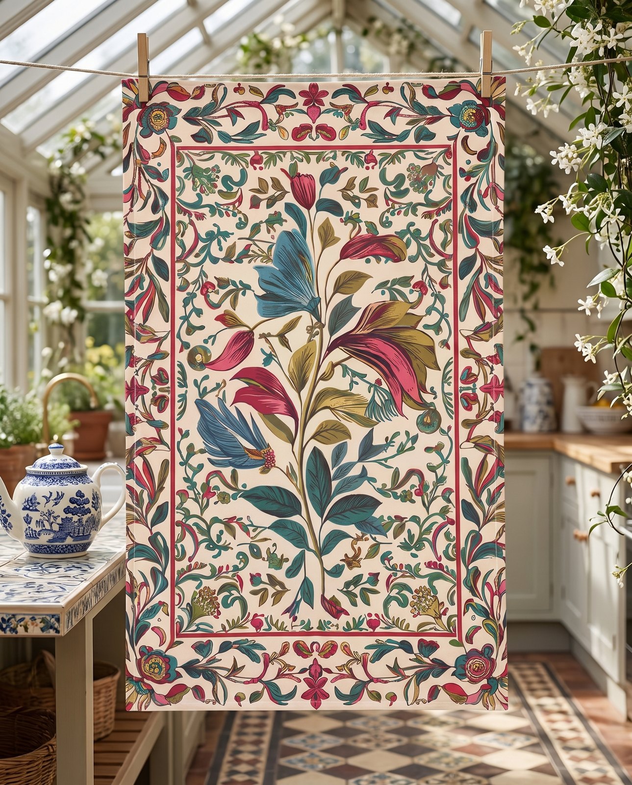 Tapestry Trellis Kitchen Towel - Cotton Twill - 18" x 30" - Renaissance Charm, Modern Utility – A Masterpiece in Every Wipe!