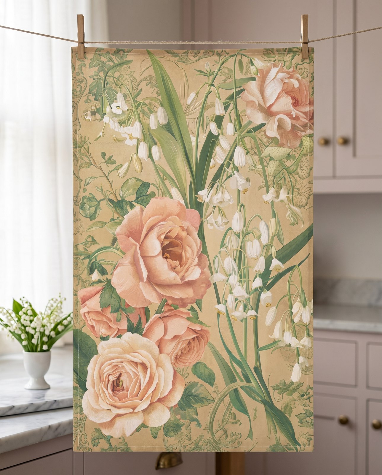 Rose & Lily of the Valley Whisper Kitchen Towel - Cotton Twill - 18" x 30" - Embrace Softness and Romance - Floral Elegance at Your Fingertips!