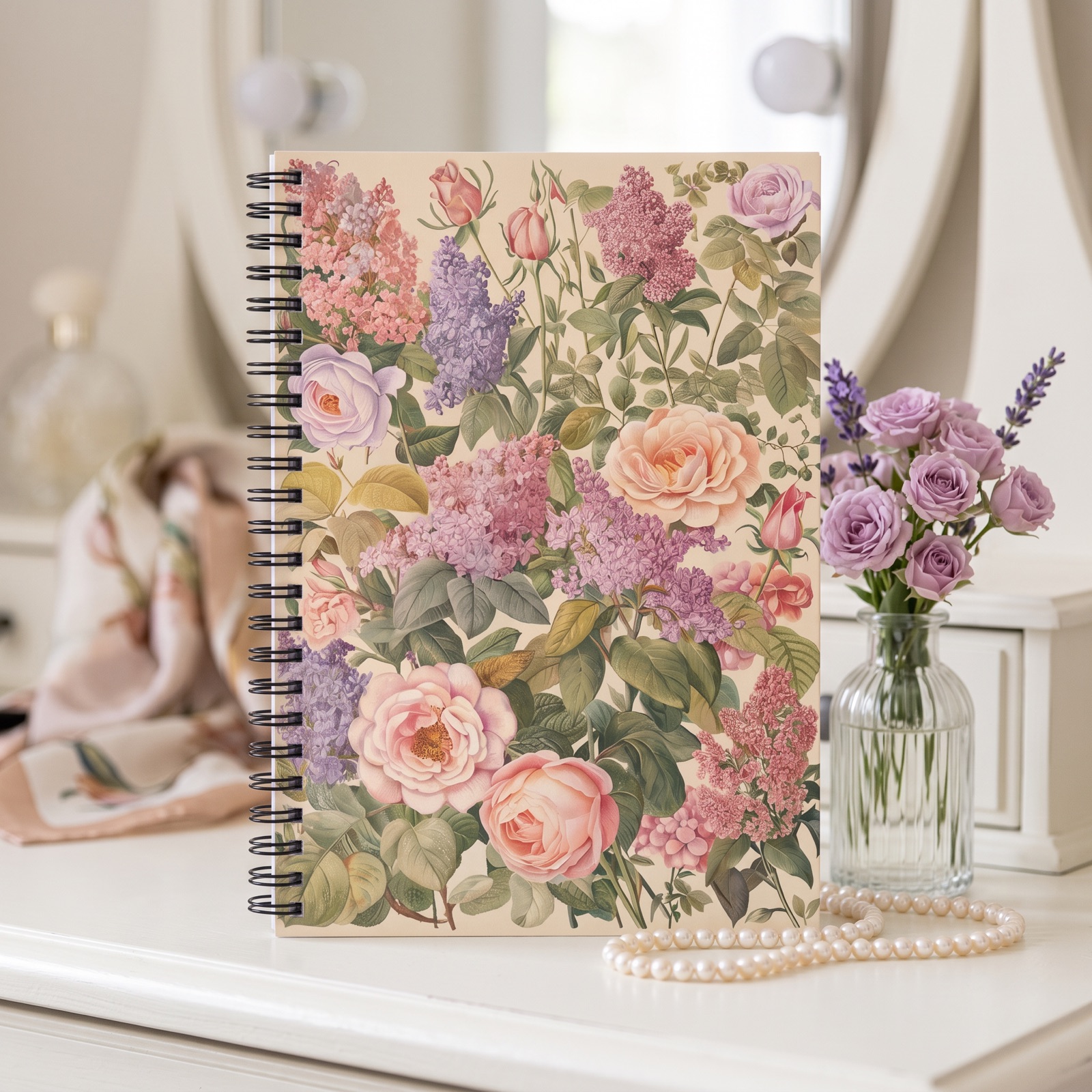 Lilac Rose Reverie Spiral Notebook - Ruled Line - Write in Vintage Charm – Where Romantic Roses and Lilacs Bloom on Every Page!