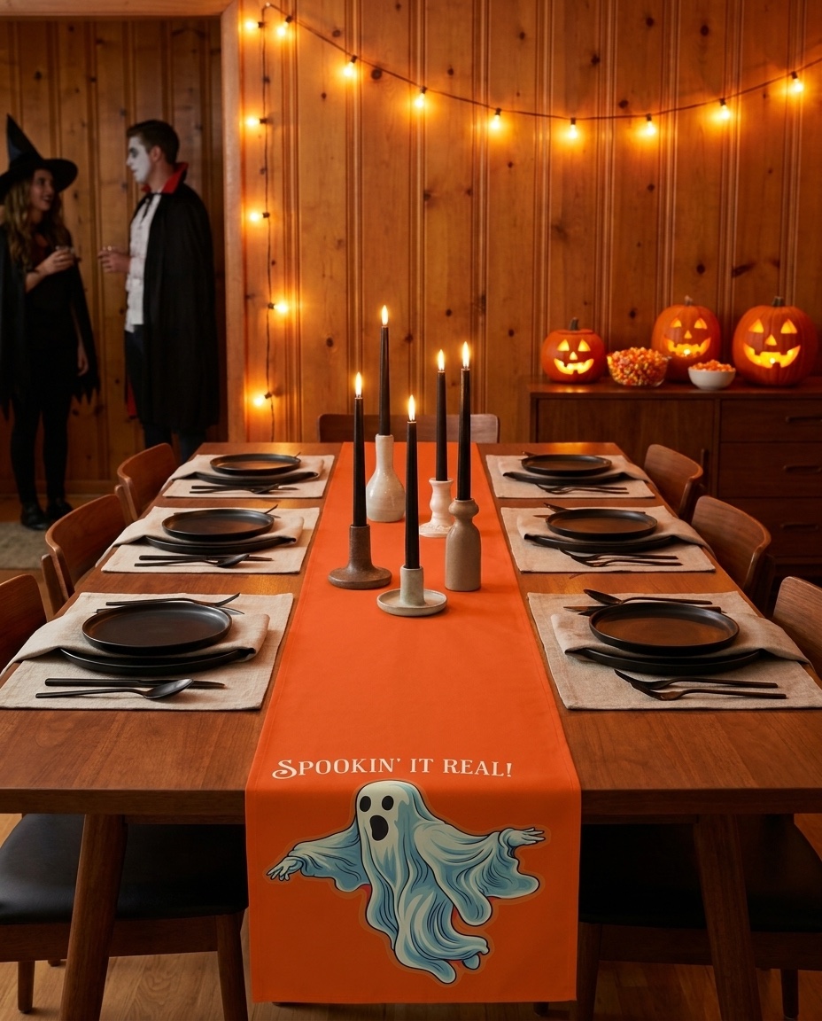 Spookin' It Real table runner — retro ghosts down an autumn table