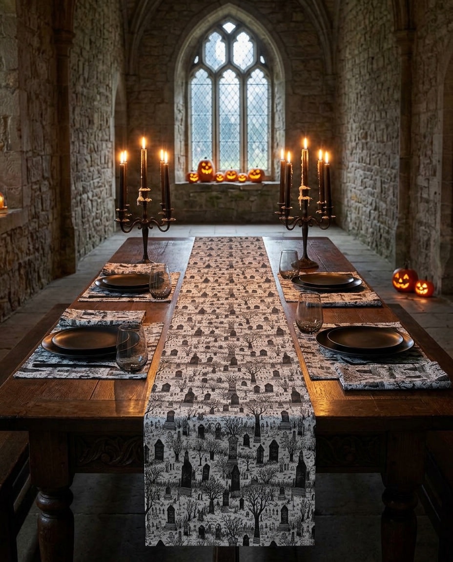 Spooky Gothic Cemetery Chic table runner on a candlelit table