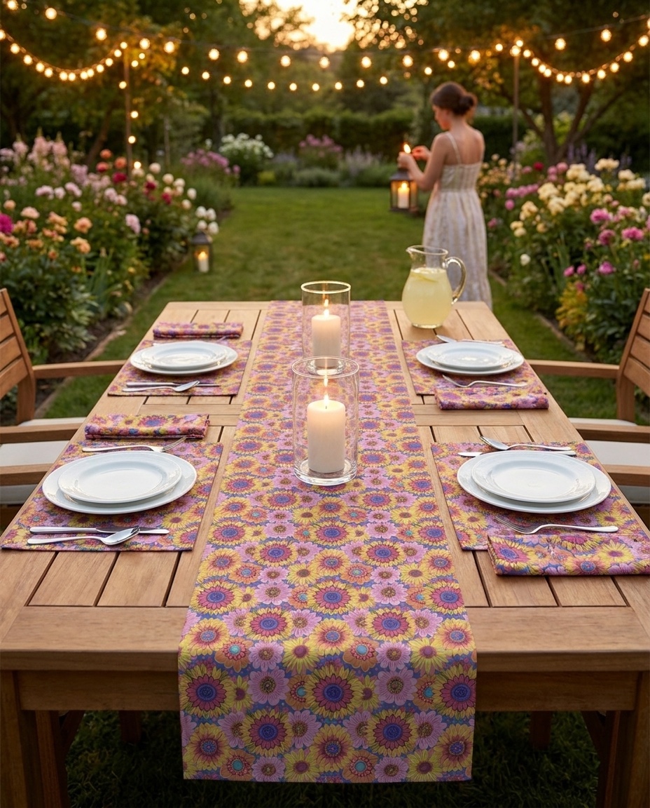 Sunny Garden Soiree Table Runner - Cotton Twill - Available in 2 sizes: 16" x 72" and 16" x 90".