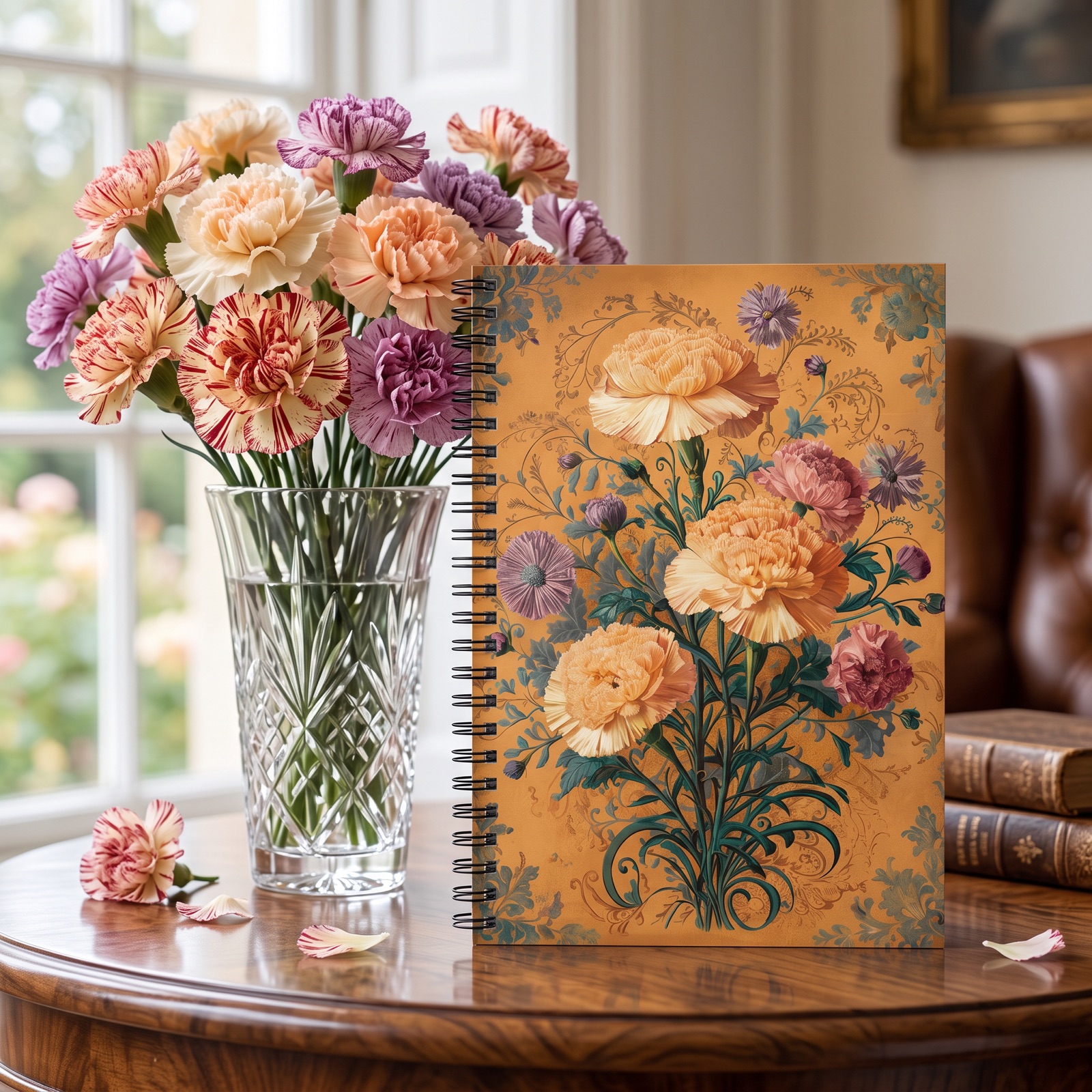 Vintage Carnations Spiral Notebook - Ruled Line - Capture Every Thought in Classic Elegance – Vintage Carnations Blooming with Timeless Style!