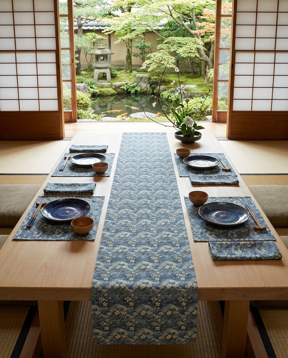 Vintage Floral Blue Botanical Table Runner - Cotton Twill - Available in 2 sizes: 16" x 72" and 16" x 90".