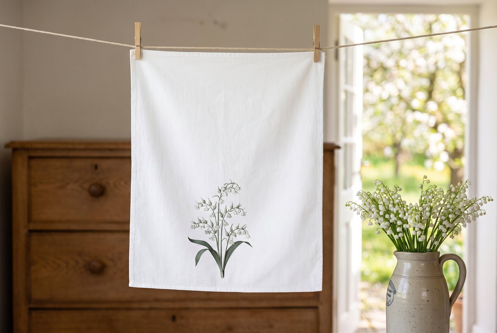 Birth month tea towel in a May kitchen