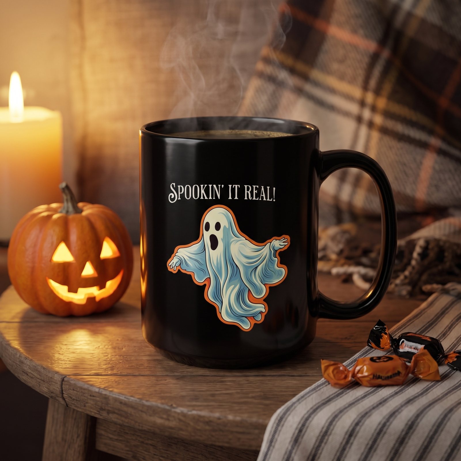 Spookin it' Real Chic Retro Ghost Halloween Black Mug  - 11oz, 15oz - Start Your Day with a Ghostly Good Brew!