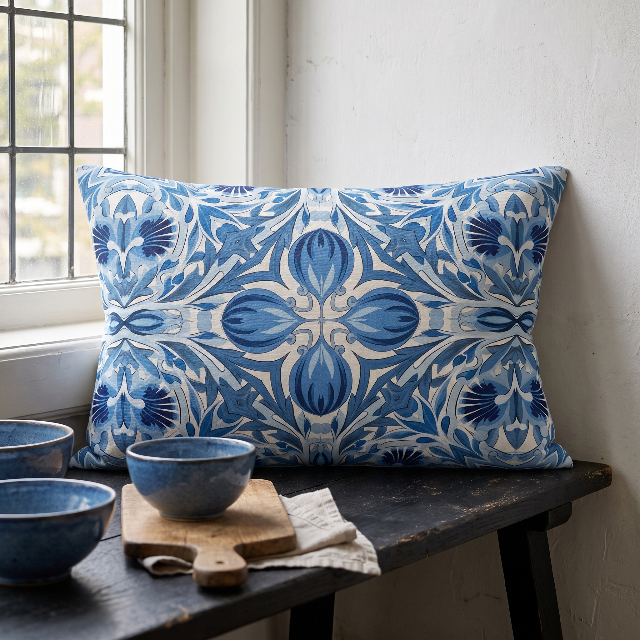 Dutch Blue Tile Lumbar Pillow - Spun Polyester - Double-Sided Print - Concealed Zipper - 20" x 14"