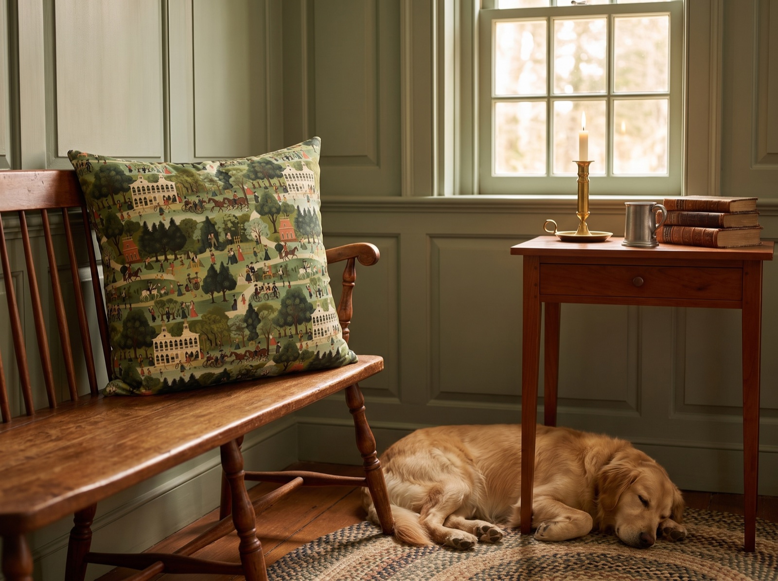 American 18th Century Town Tapestry Square Throw Pillow - Spun Polyester - Double-Sided Print - Concealed Zipper - Available in 4 sizes.