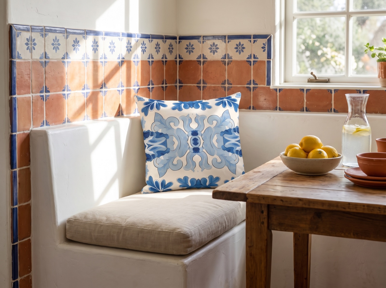 Blue Spanish Tile Square Throw Pillow - Spun Polyester - Double Sided Print - Concealed Zipper - Available in 4 sizes.