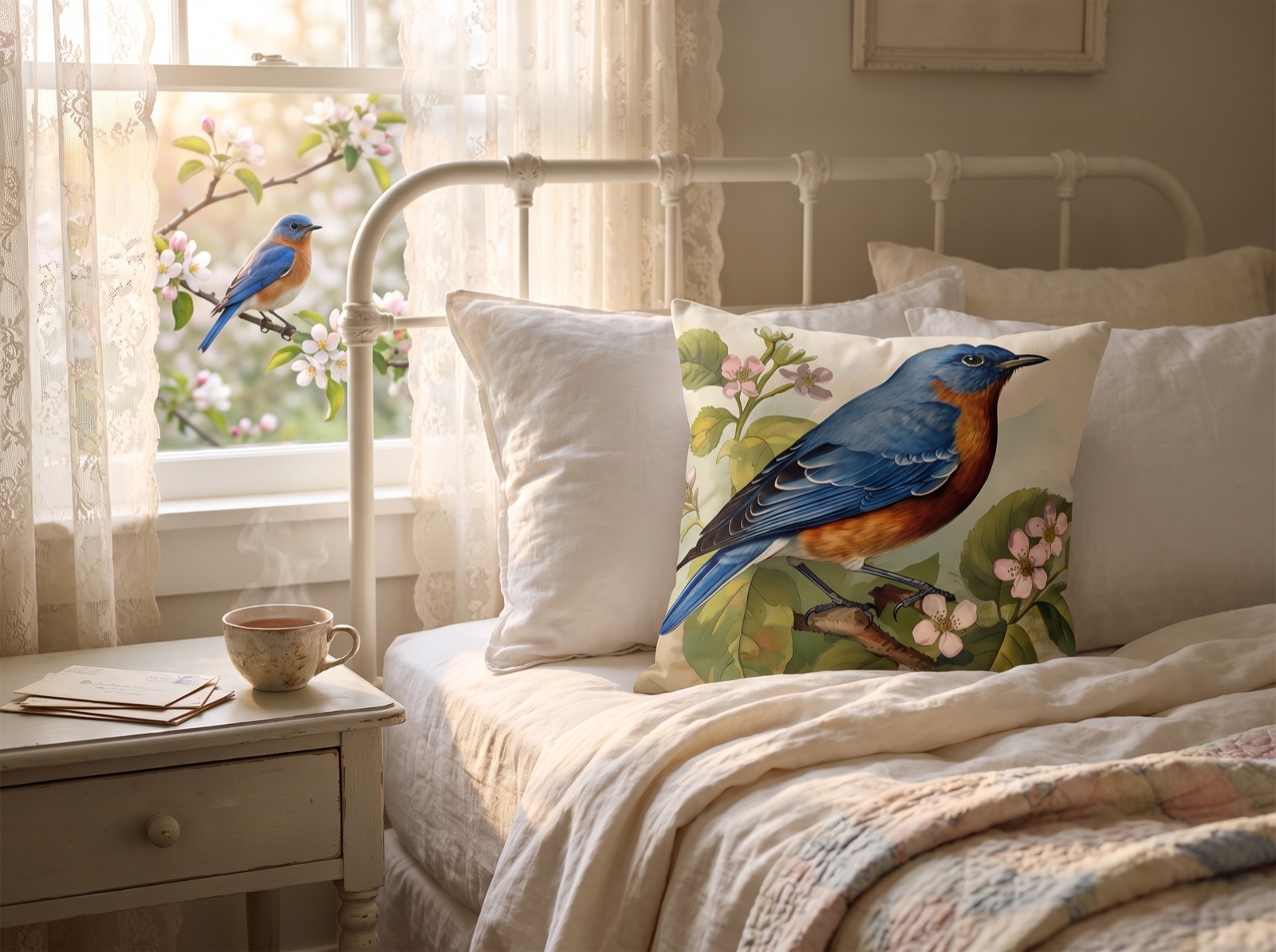 Bluebird Botanical Square Throw Pillow - Spun Polyester - Double-Sided Print - Concealed Zipper - Available in 4 sizes.