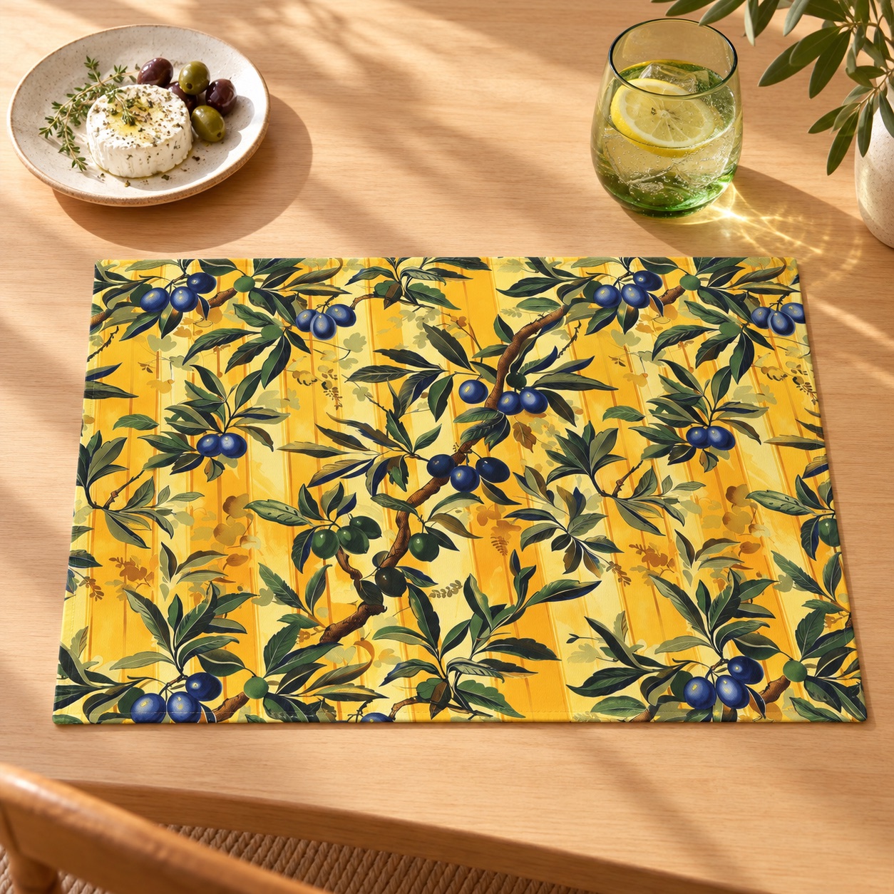 Olives & Sunshine Delight Placemat - Infuse Your Table with Mediterranean Sunshine! Cotton Twill - 18" x 14"
