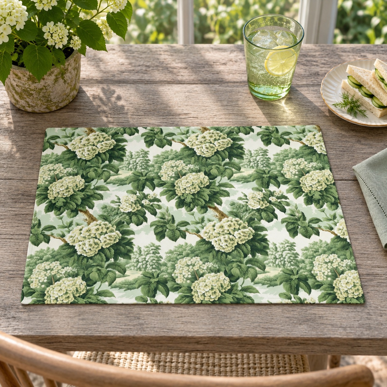 Vintage Green Hydrangea Placemat - Elegant Blooms for Timeless Meals! Cotton Twill - 18" x 14"