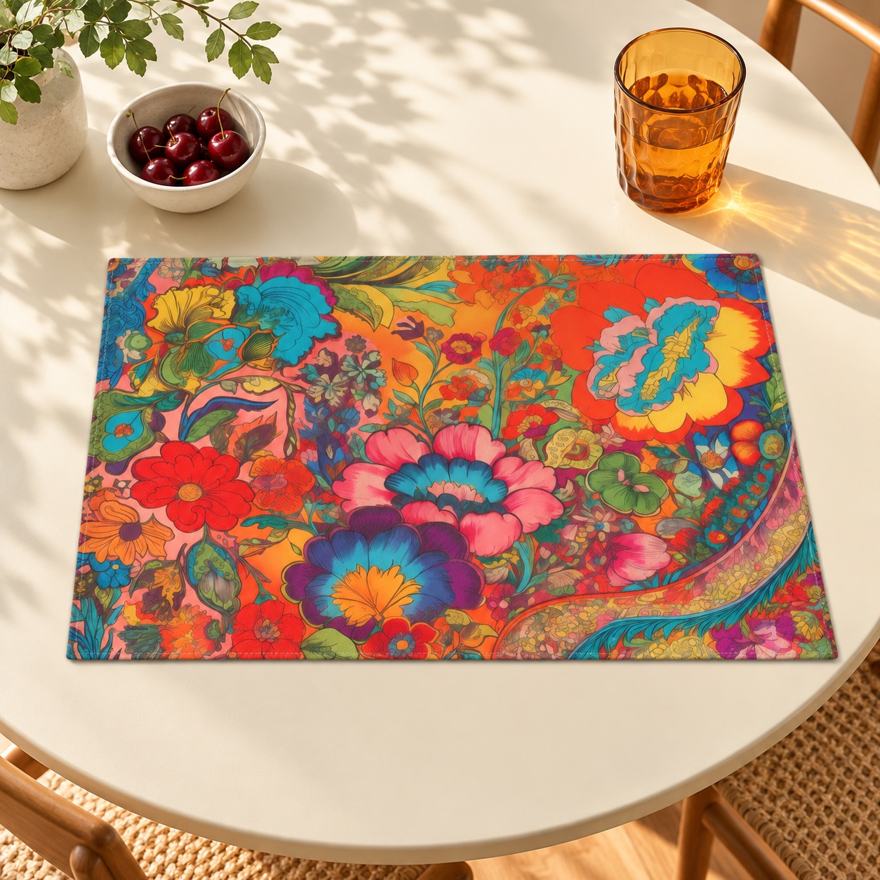 Kaleidoscopic Floral Dance Placemat - Unleash Vibrant Energy with Every Meal! Cotton Twill - 18" x 14"