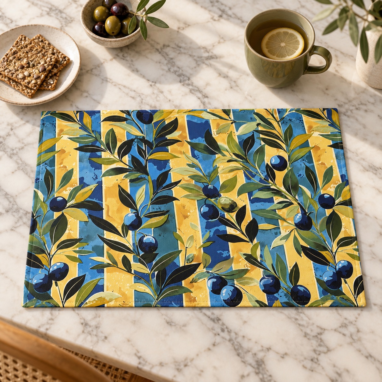 Olive Orchard Stripes Placemat - Bring the Zest of the Mediterranean to Your Table! Cotton Twill - 18" x 14"