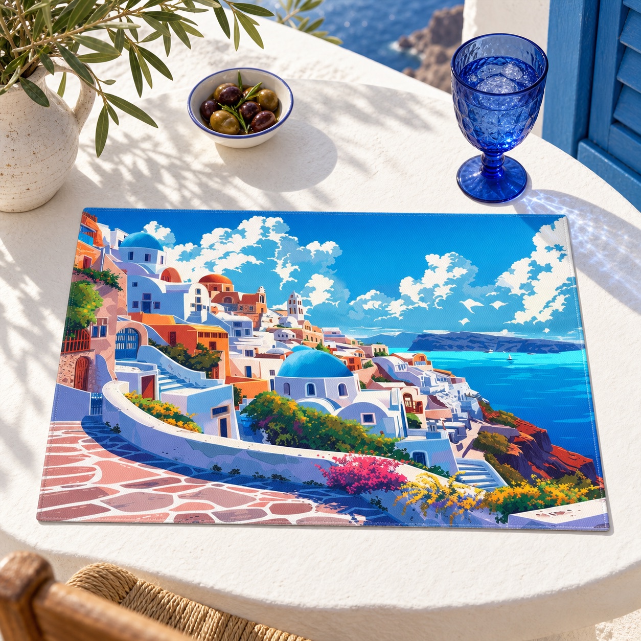 Santorini Serenity Placemat - Dine Amidst the Dreamscapes of Santorini—Serenity on Every Plate! Cotton Twill - 18" x 14"