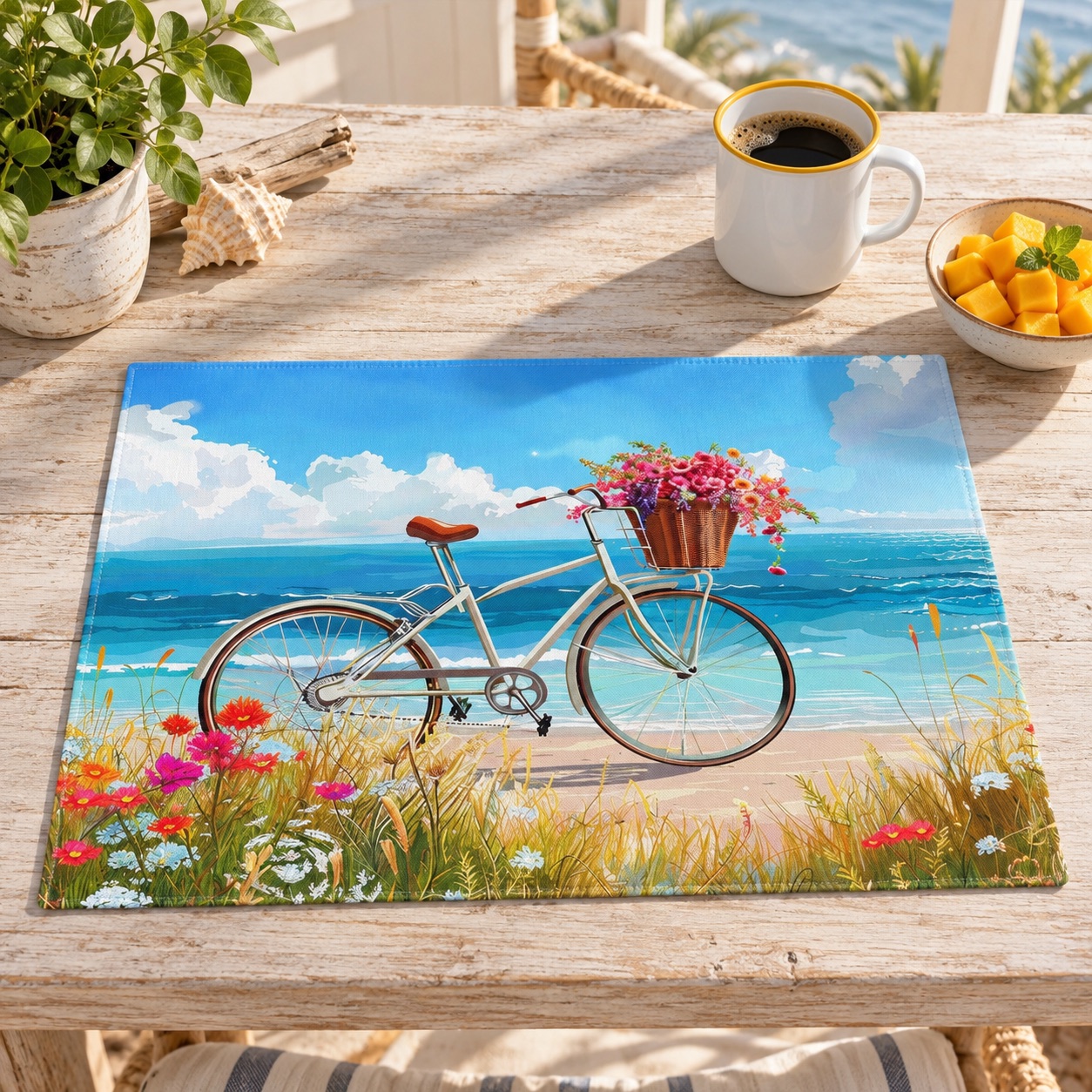 Daisy Beach Rider Placemat - Ride into Summer—Dine in Sunlit Style! Cotton Twill - 18" x 14"