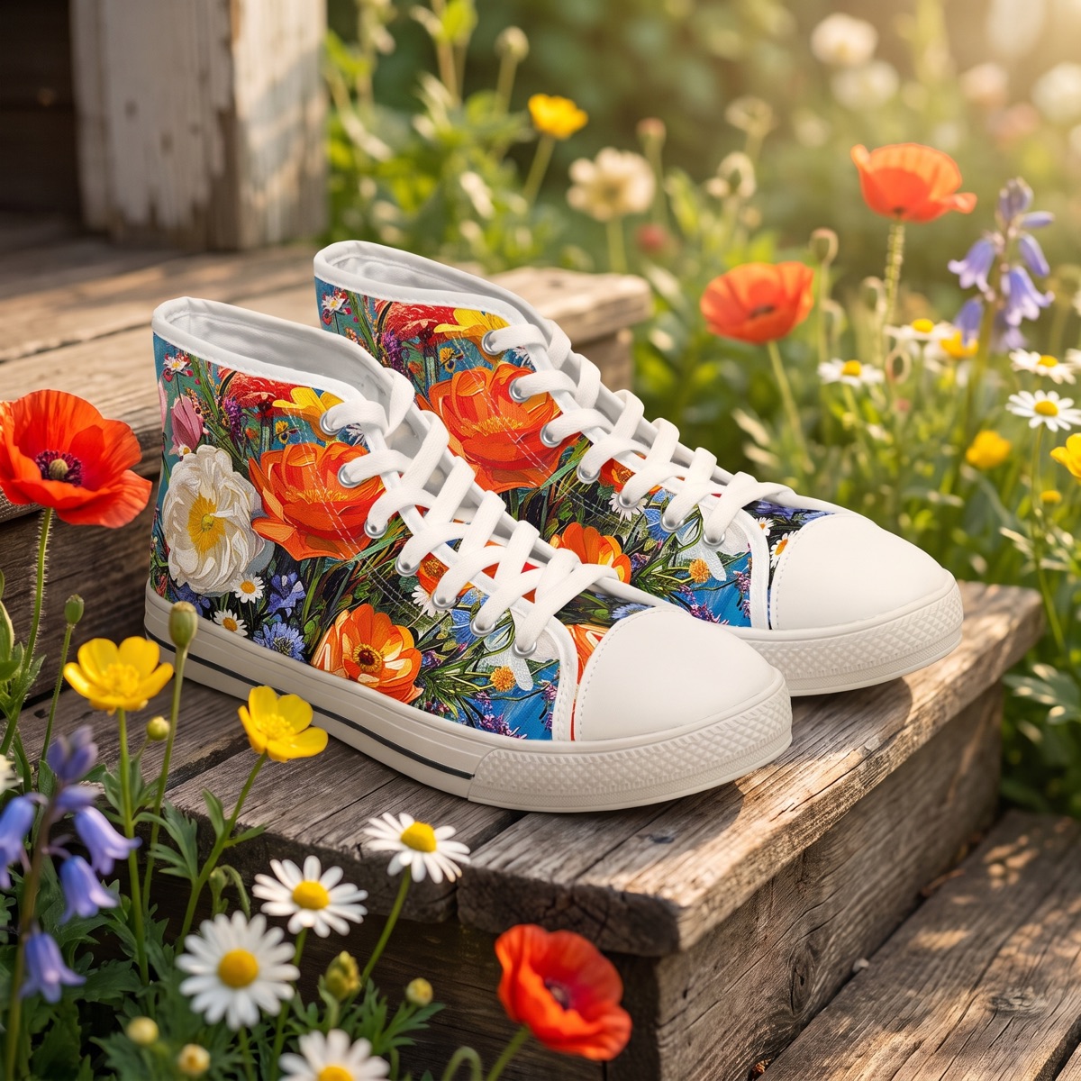 Shoes & Scarves — 3D Rose Trellis sneakers on a garden porch step