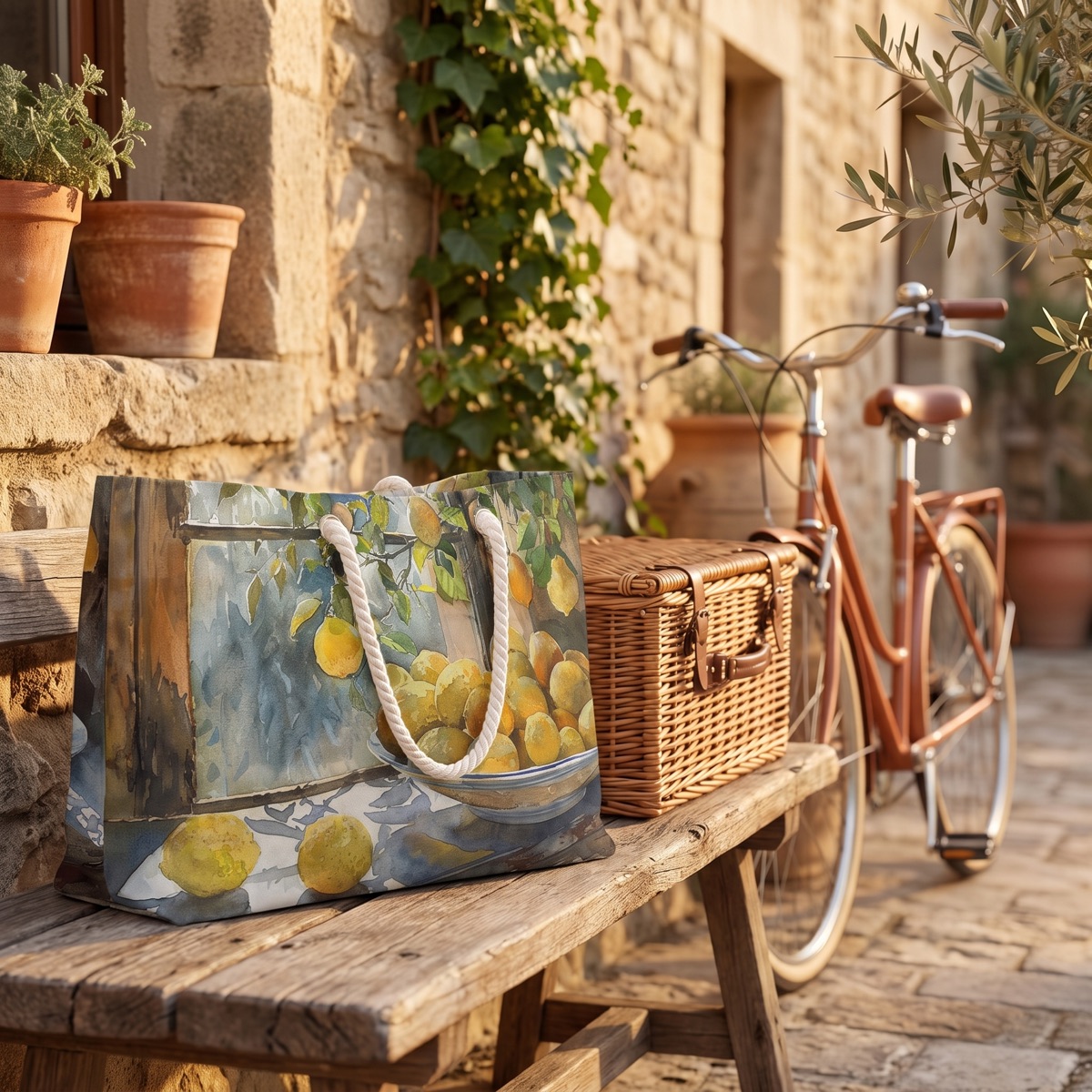 Travel & Active — Morning Light on Lemons weekender bag on a sunlit courtyard bench