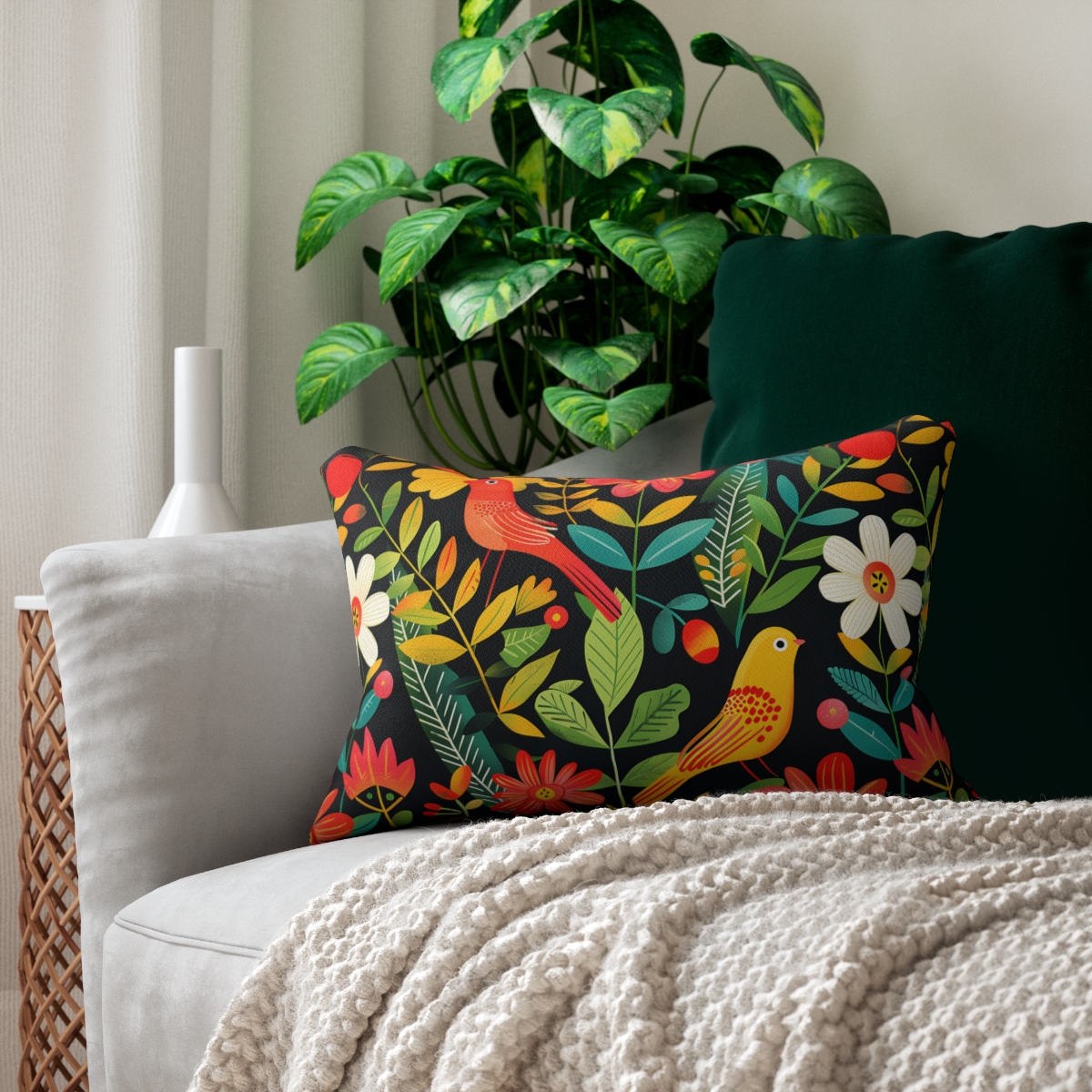 Blooming Bird Wonderland Lumbar Pillow - Spun Polyester - Double-Sided