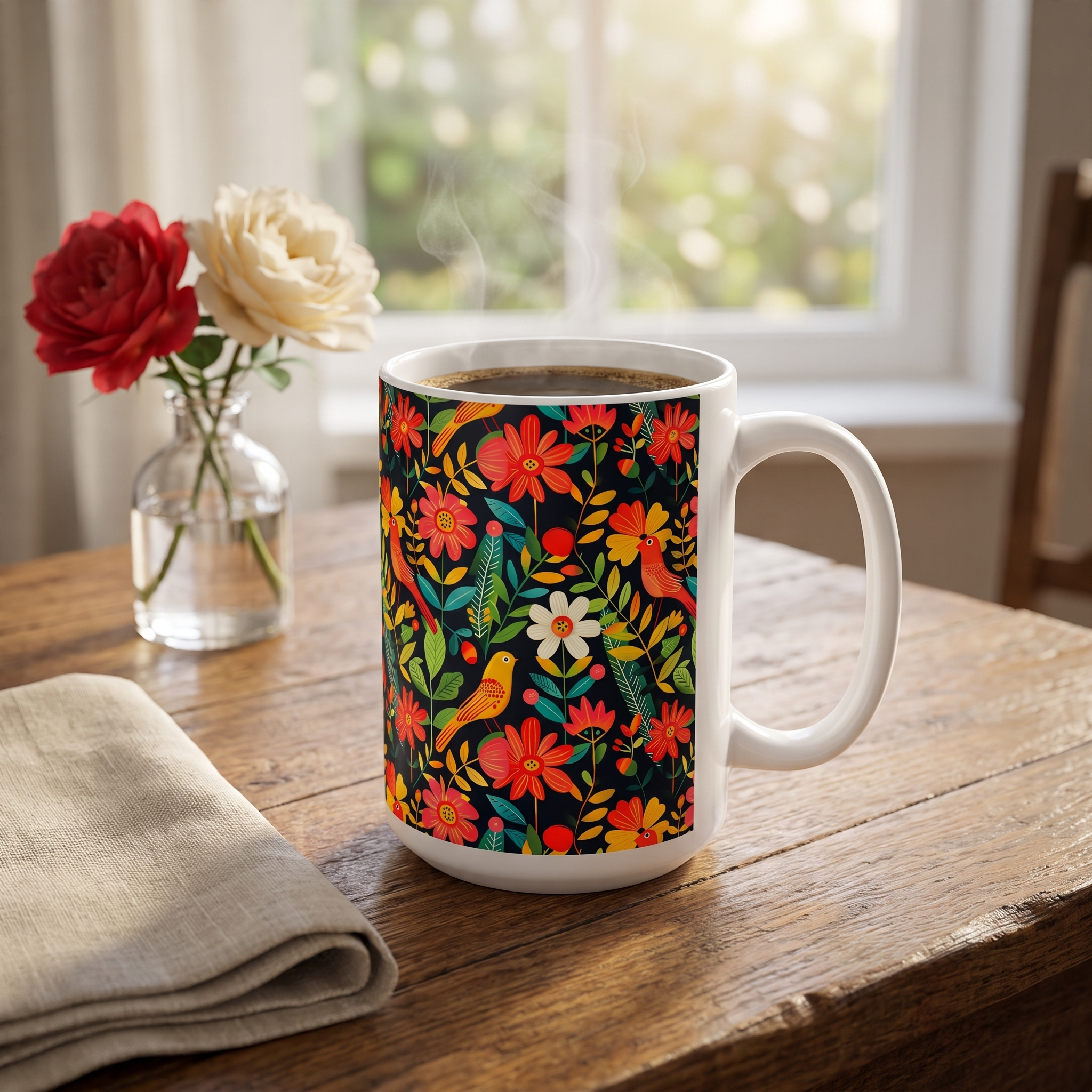 Blooming Bird Wonderland Ceramic Mug - 15 oz. - Glossy White Ceramic - Microwave & Dishwasher Safe.
