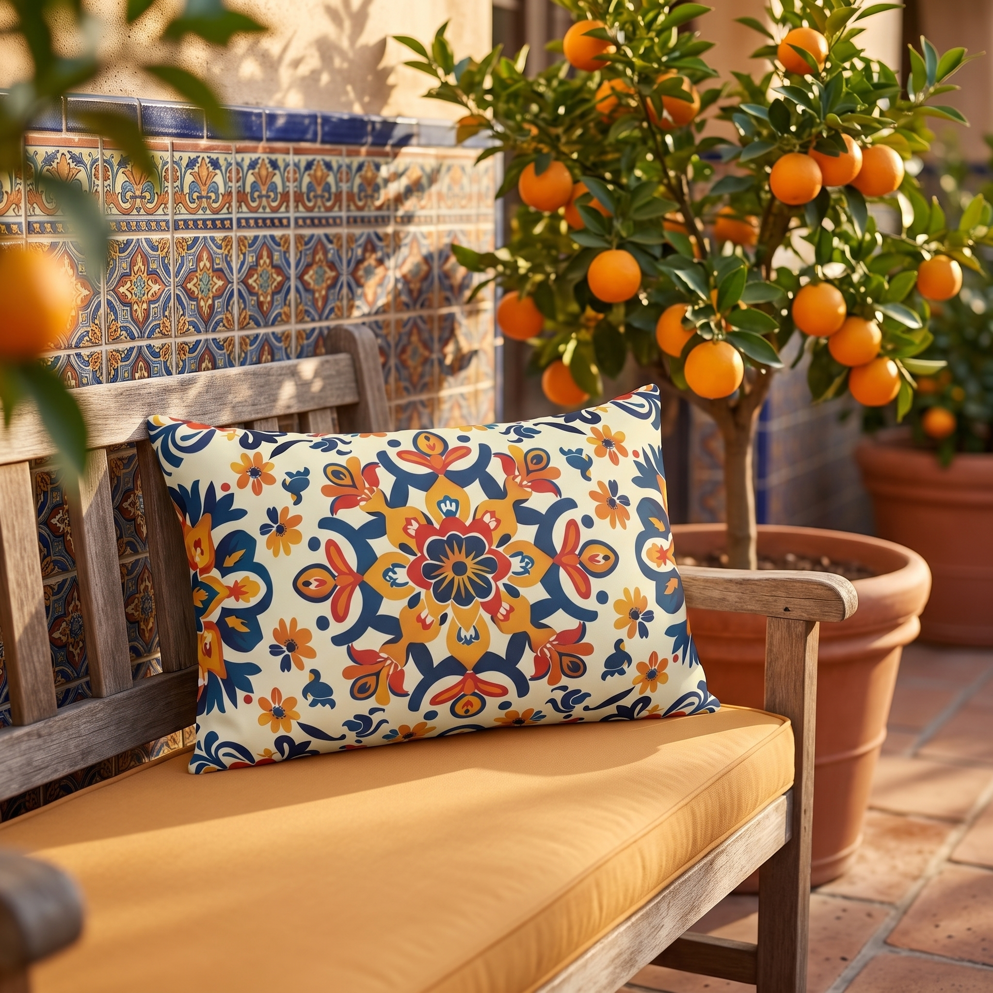 Sevilla Sunburst Outdoor Lumbar Pillow - Spun Polyester - Double-Sided Print - UV-Resistant - Water-Resistant - Lumbar Size: 20" x 14"