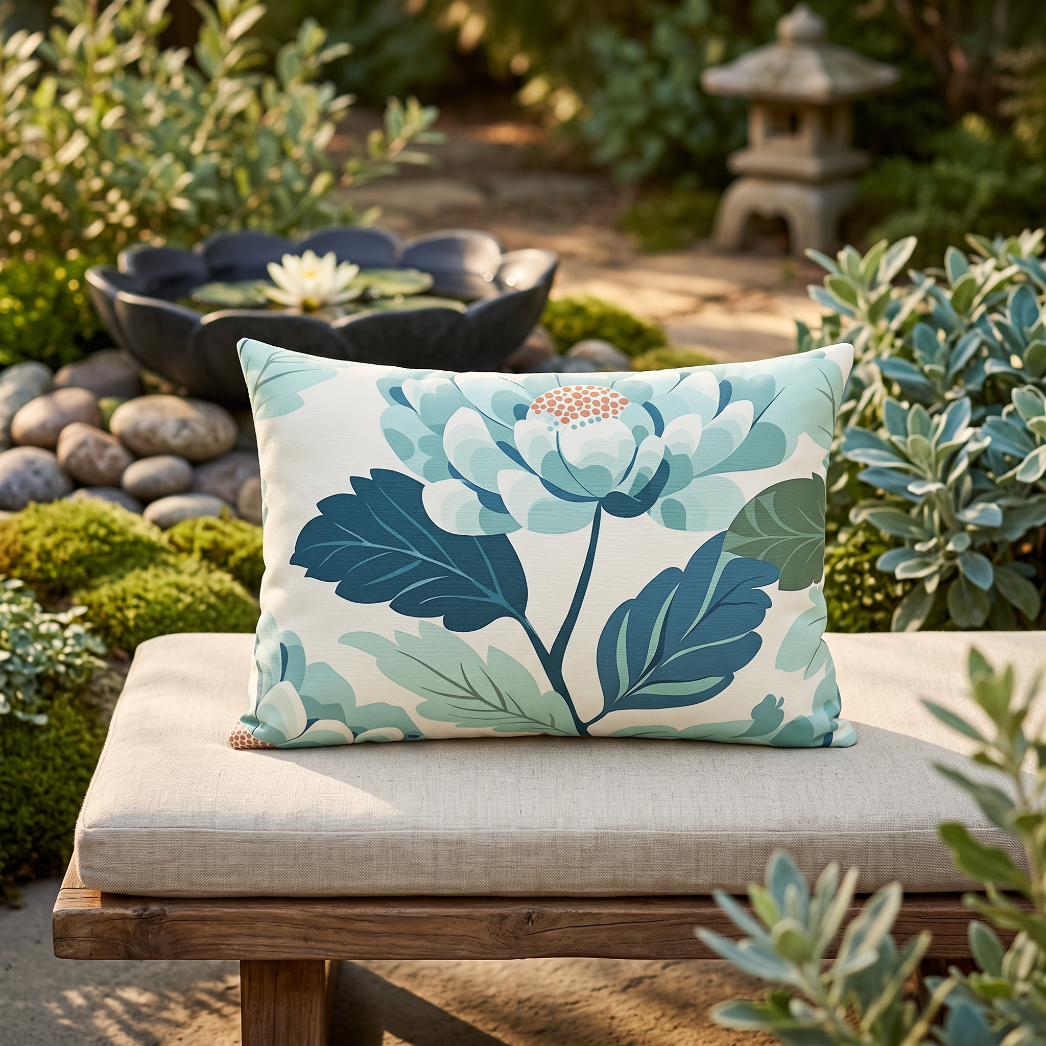 Zen Flower Outdoor Lumbar Pillow - Spun Polyester - Double-Sided Print - UV-Resistant - Water-Resistant - Lumbar Size: 20" x 14"