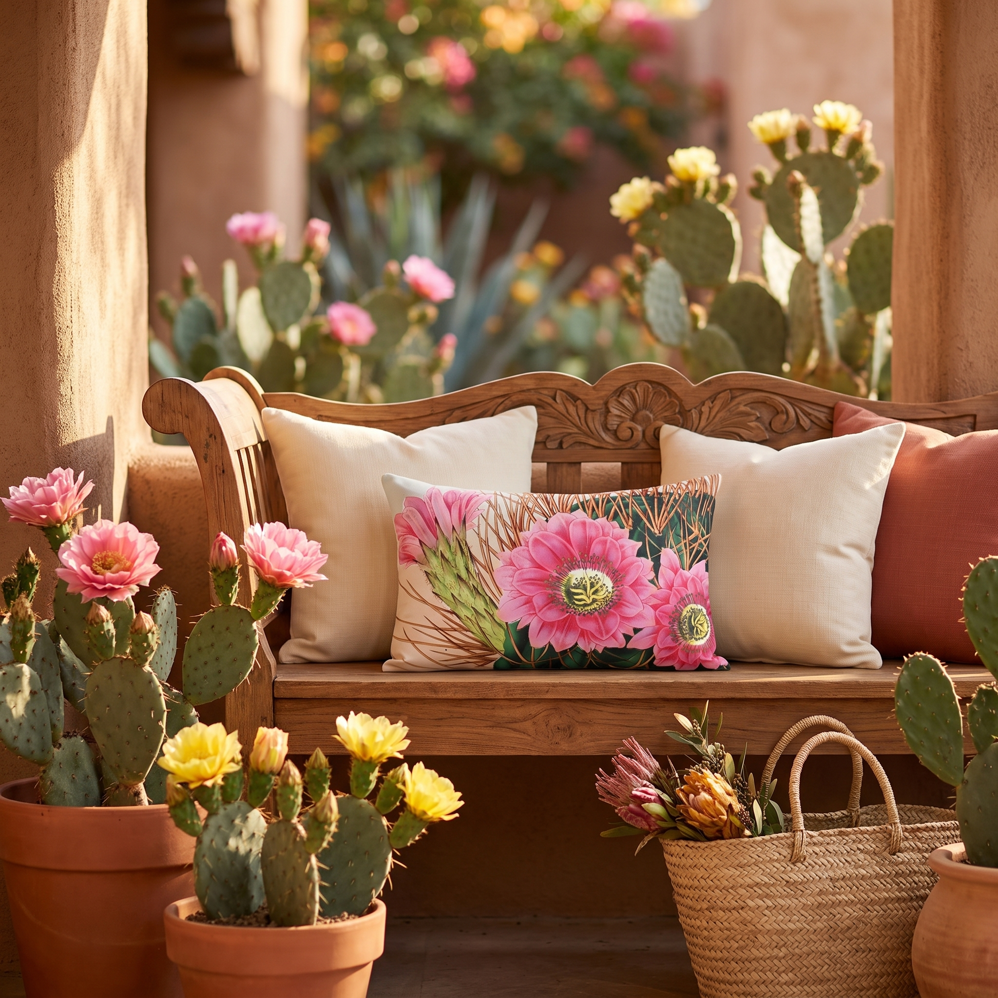 Blooming Cactus Outdoor Lumbar Pillow - Spun Polyester - Double-Sided Print - UV-Resistant - Water-Resistant - Lumbar Size: 20 x 14